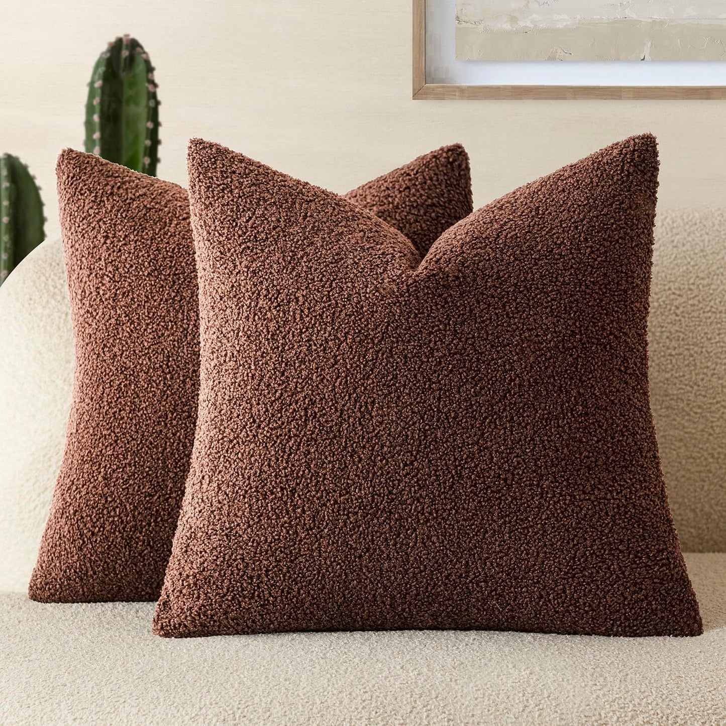 Pack of 2, Curly Faux Fur Decorative Throw Pillow Covers Soft Fuzzy Plush Cushion Case with Zipper Cozy Pillowcase for Home Living Room Couch Bed Sofa 16 X 16 Inch,Red Brown