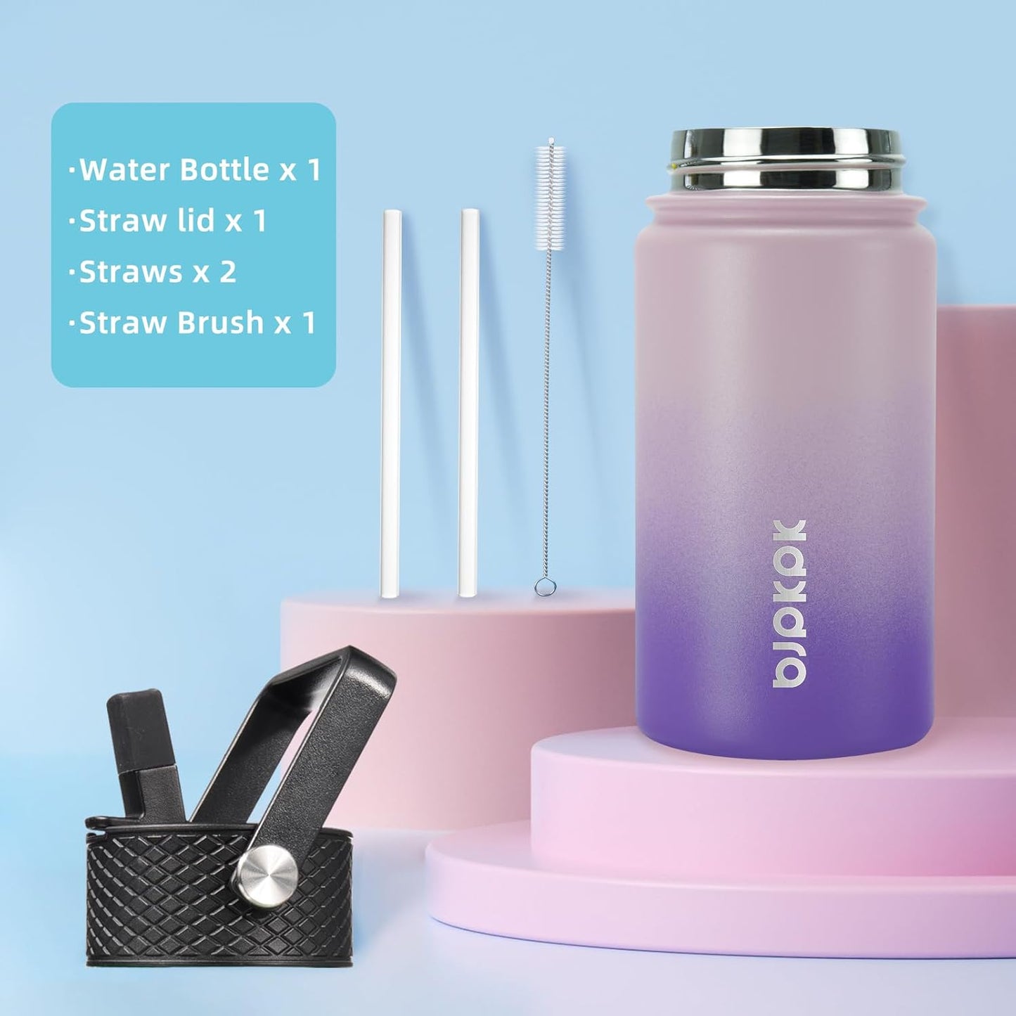 Water Bottle with Straw Lid, 15 Oz Insulated Water Bottle, Stainless Steel Metal Water Bottles, Reusable Leak Proof BPA Free Thermo, Flask, Cups,Violet