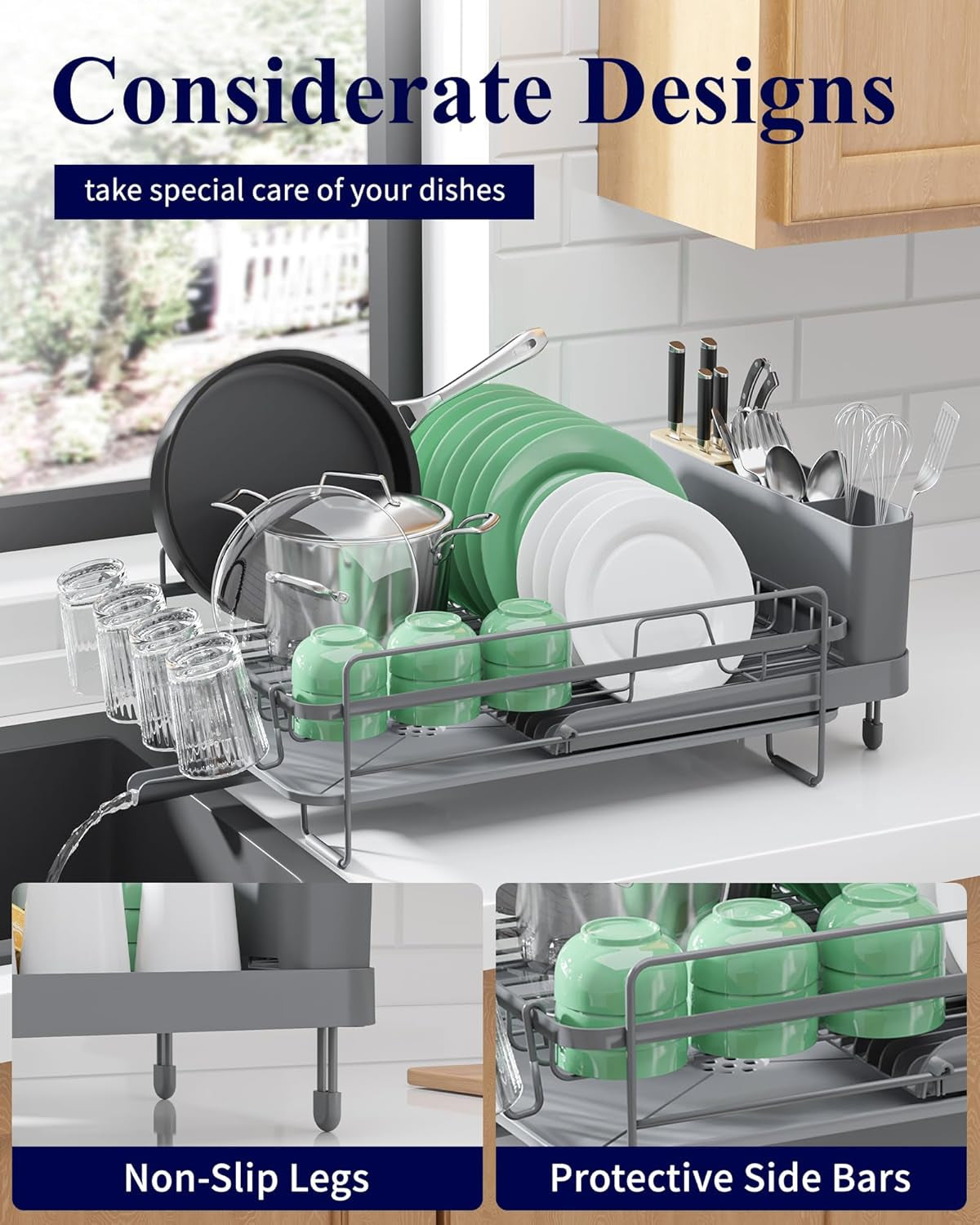 Extendable Dish Drying Rack, Large Drying Dish Rack with Cutlery & Cup Holders, Multifunctional Dish Racks for Counter with Drainage, 18.2"-25.7" L X 12.9" W, Grey