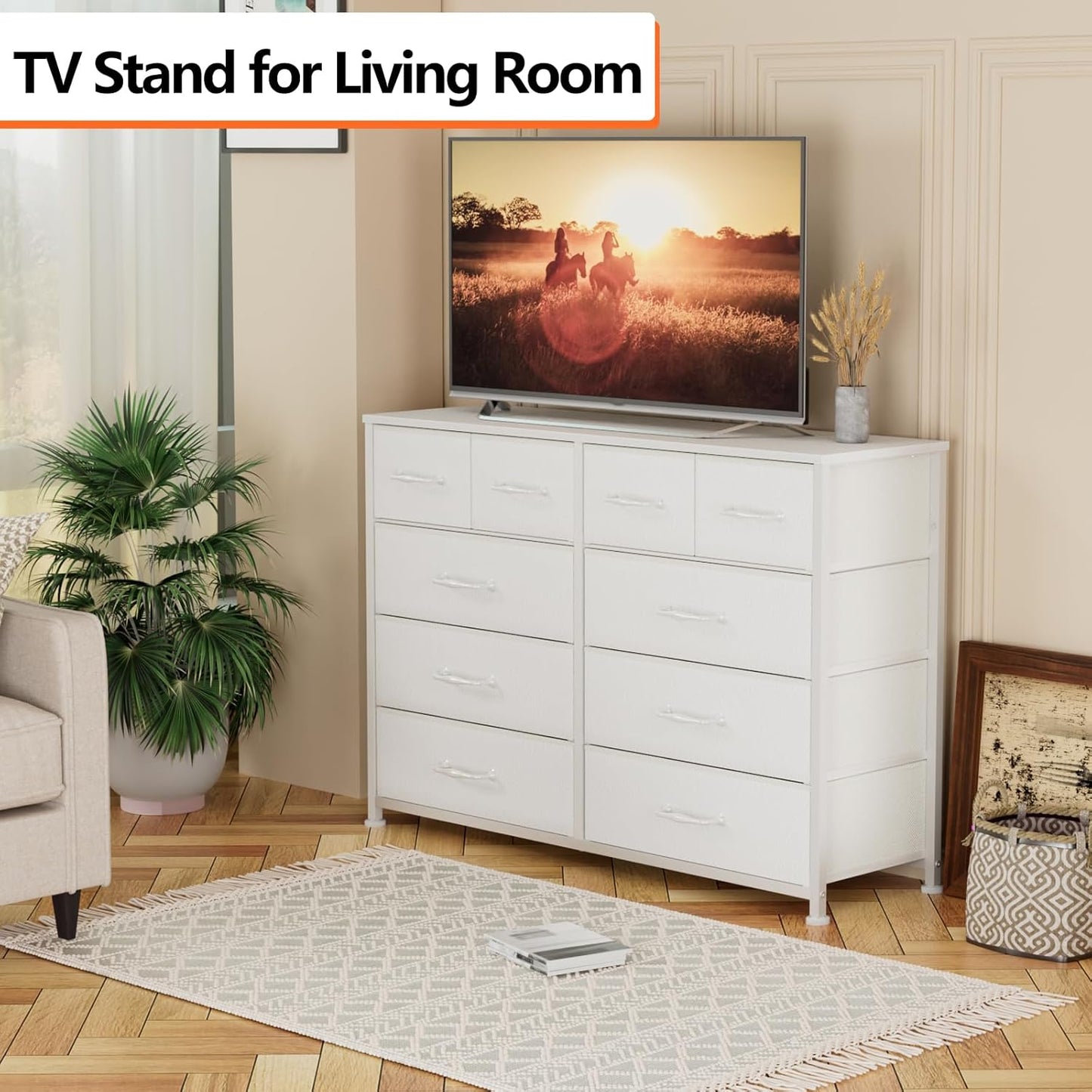 White Bedroom Dresser for 55” TV Stand - Entertainment Center with 10 Fabric Storage Drawers, Sturdy Metal Frame Tall Storage Cabinet for Living Room and Entryway
