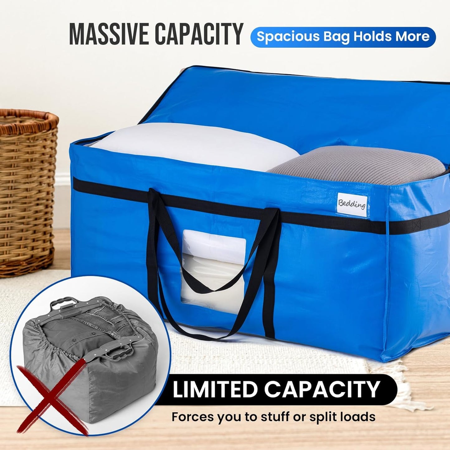 69 Gallon Extra Large Storage Bags, XXL Blue Heavy Duty Moving Bags for Storage with Visible Window, Wrap around Handles, Totes for Space Saving, Alternative to Moving Boxes (2 Pack)