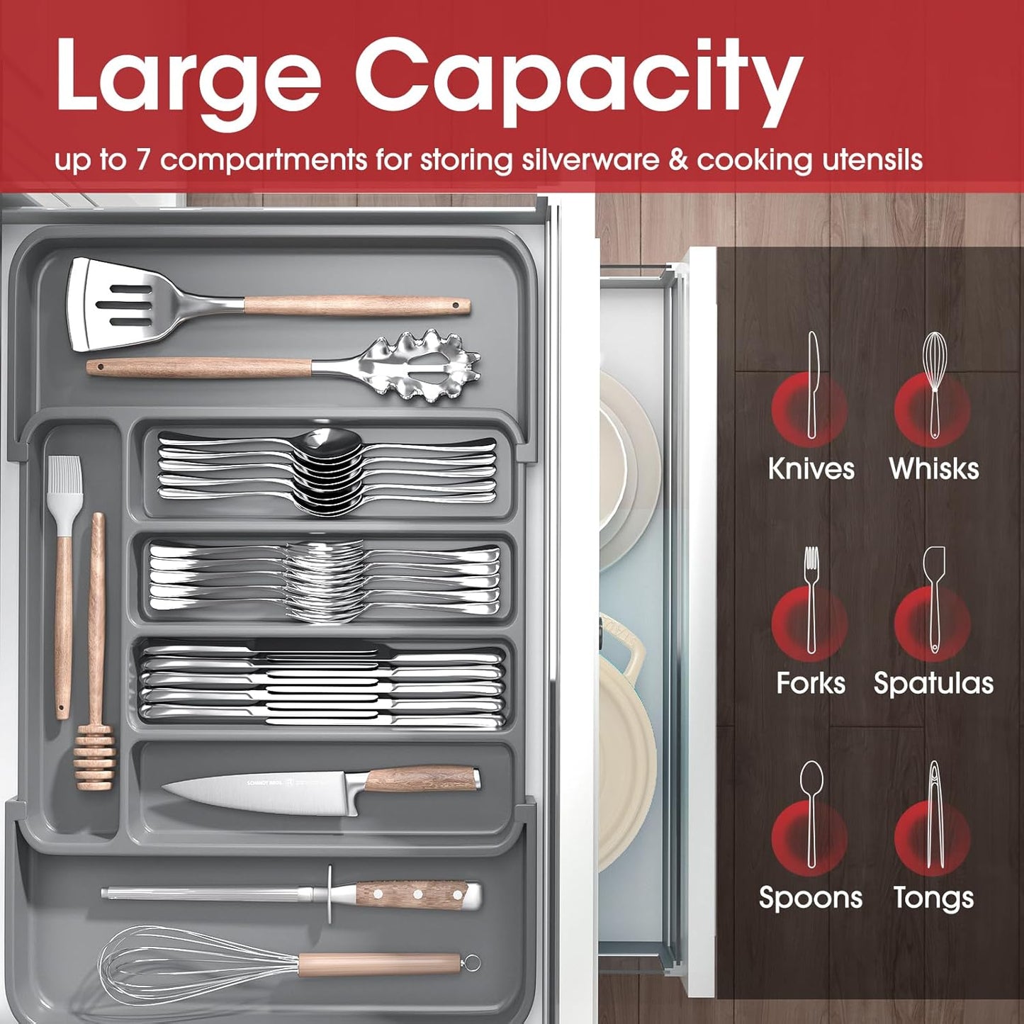 Silverware Organizer - Expandable Kitchen Drawer Organizer, Adjustable Utensil Organizer, Cutlery Tray for Forks, Knives, Multipurpose Kitchen Organizers and Storage Solution, Grey, Medium