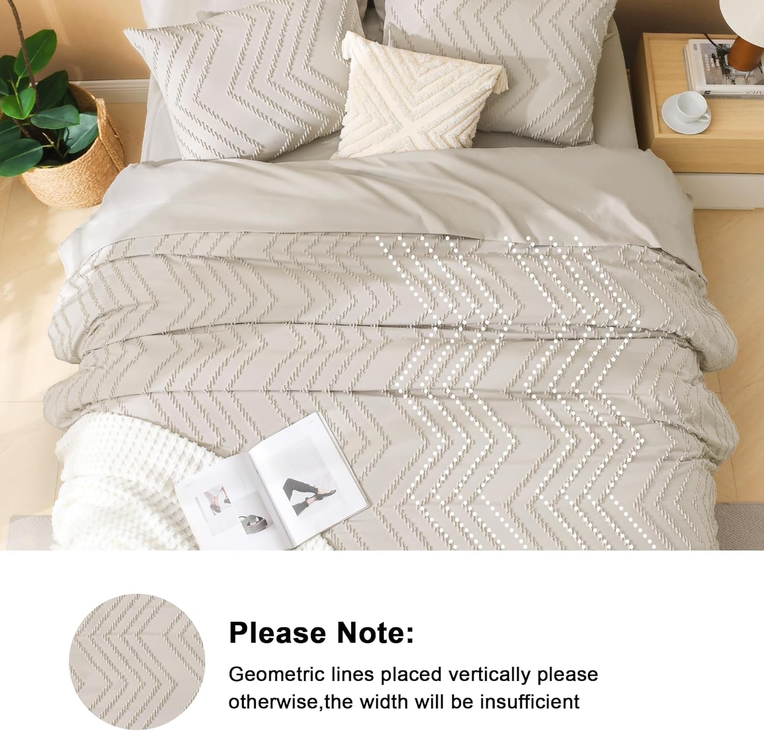 King Size Comforter Set with Sheets Beige - 7 Pieces Bed in a Bag King Chevron Tufted Boho Luxury Bedding Sets with Comforter, Sheets, Pillowcases & Shams