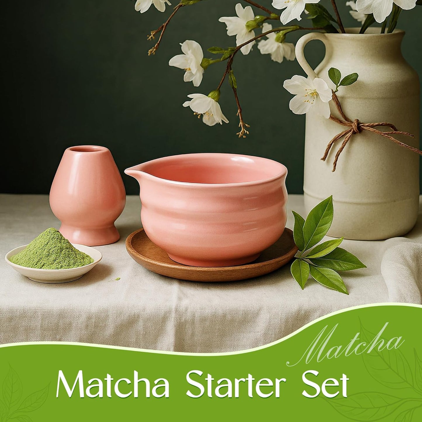 17Oz Pink Matcha Bowl with Spout,2Pcs Ceramic Chasen Stand and Mixing Bowls Set,Japanese Style Handmade Green Tea Cute Chawan,Gifts for Matcha Lovers and Novices(500Ml)