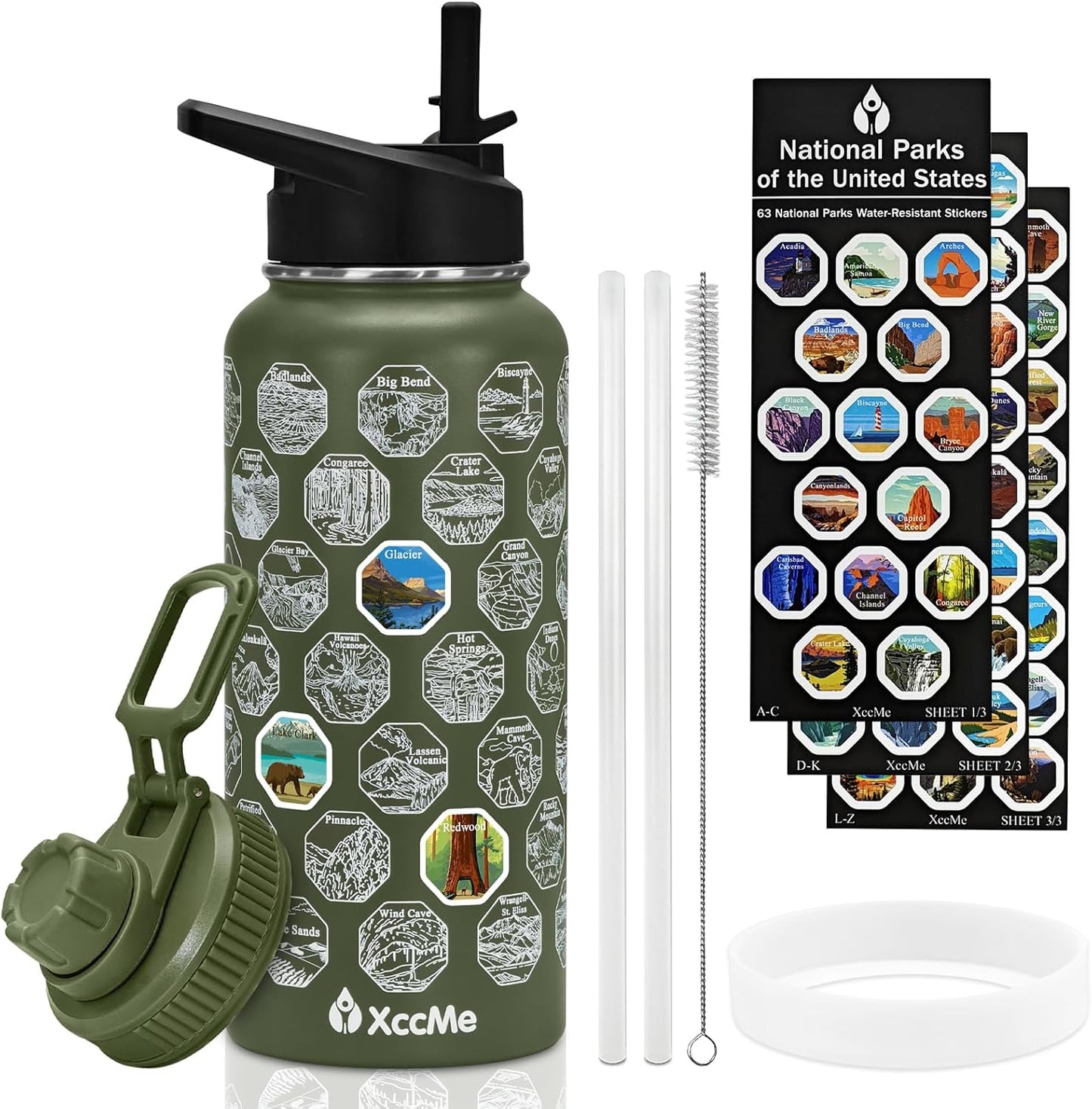 63 National Parks Water Bottle with Stickers,32 Oz Stainless Steel Insulated Water Bottle with Straw,2 Lids,Leak Proof Metal Water Cup for Hiking,Travel,Sports,Camping,Wide Mouth Bottle