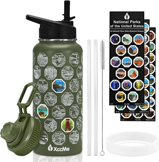 63 National Parks Water Bottle with Stickers,32 Oz Stainless Steel Insulated Water Bottle with Straw,2 Lids,Leak Proof Metal Water Cup for Hiking,Travel,Sports,Camping,Wide Mouth Bottle