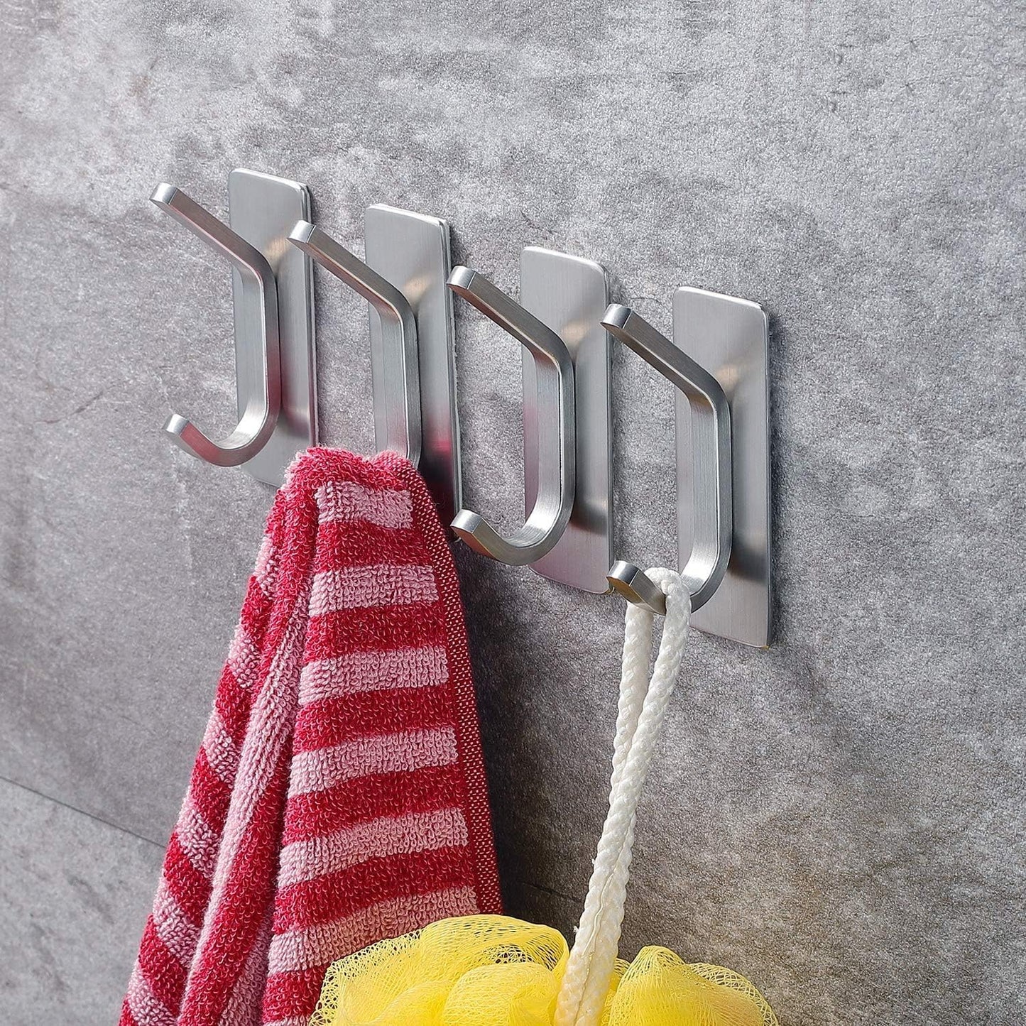Stainless Steel Adhesive Towel Hooks - 4-Pack Wall Hooks for Coats, Robes, and Towels for Bathroom and Kitchen Use