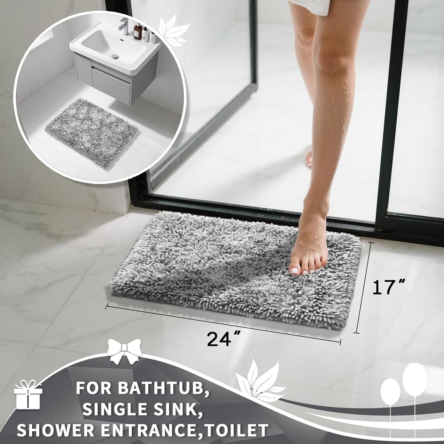 Chenille Bathroom Rugs Non Slip, Extra Thick Soft Absorbent Bath Rug 24X17 Inch, Machine Washable Quick Dry Bath Mat for Bathroom Floor, Tub and Shower, Home Decor Accessories, Light Grey