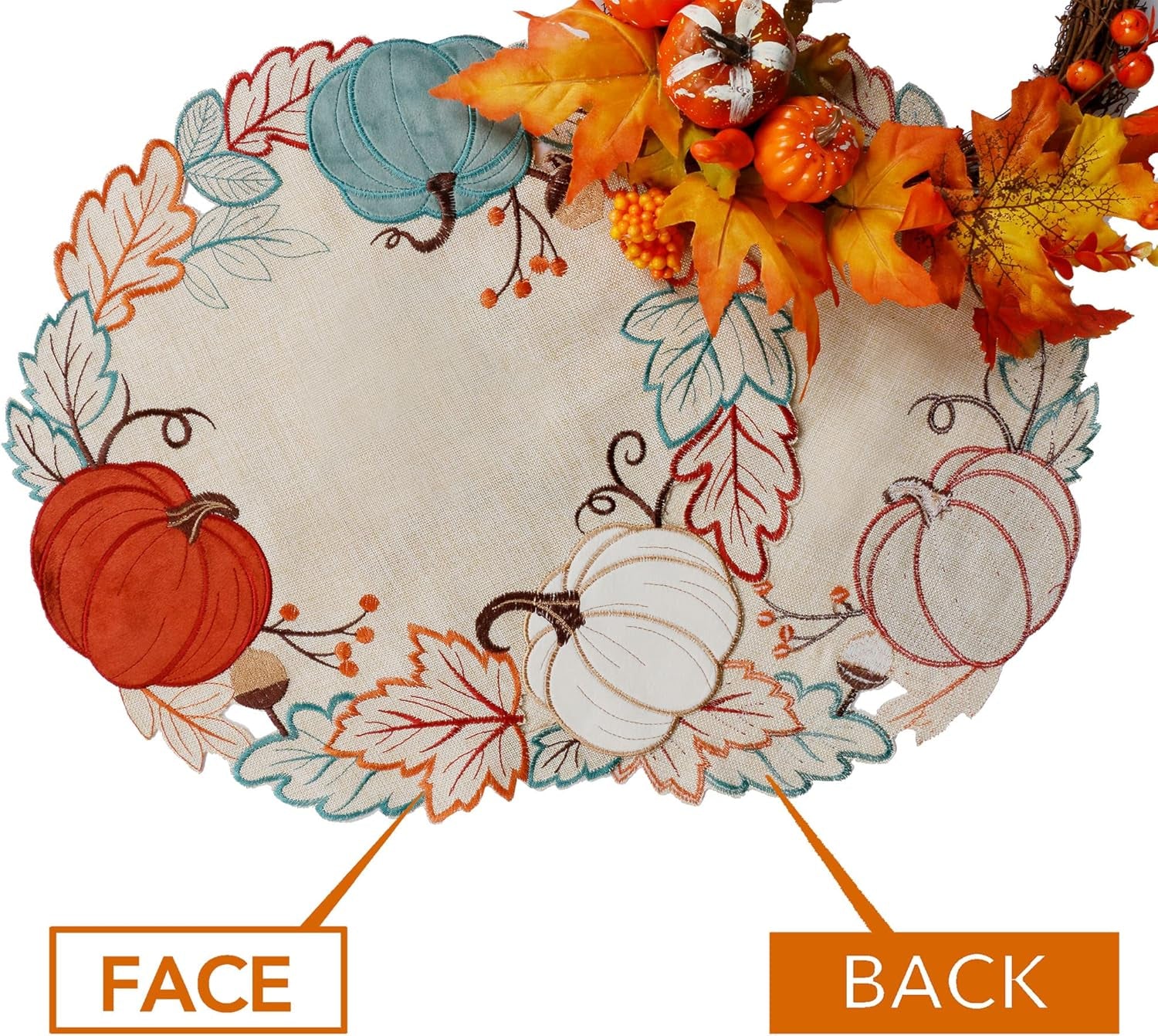 Thanksgiving Placemats Set of 4, Fall Pumpkins round Placemats, Embroidered Harvest Pumpkin Farmhouse Placemat for Dining Table, Fall Decor for Home, Halloween Table Decorations