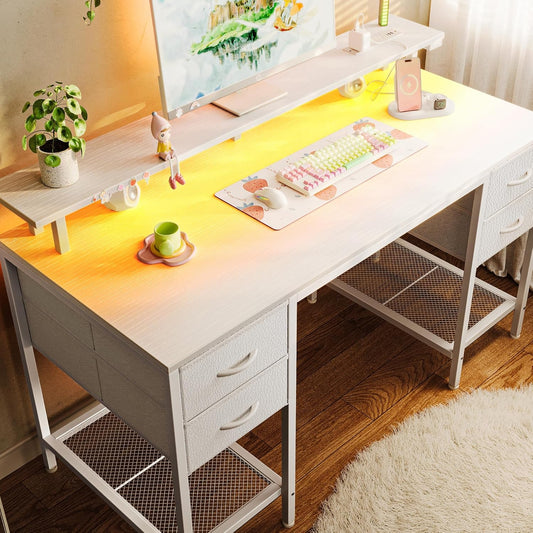 47-Inch Computer Desk with Four Drawers, LED Lighting, and Power Outlets - Spacious Home Office and Gaming Desk in White