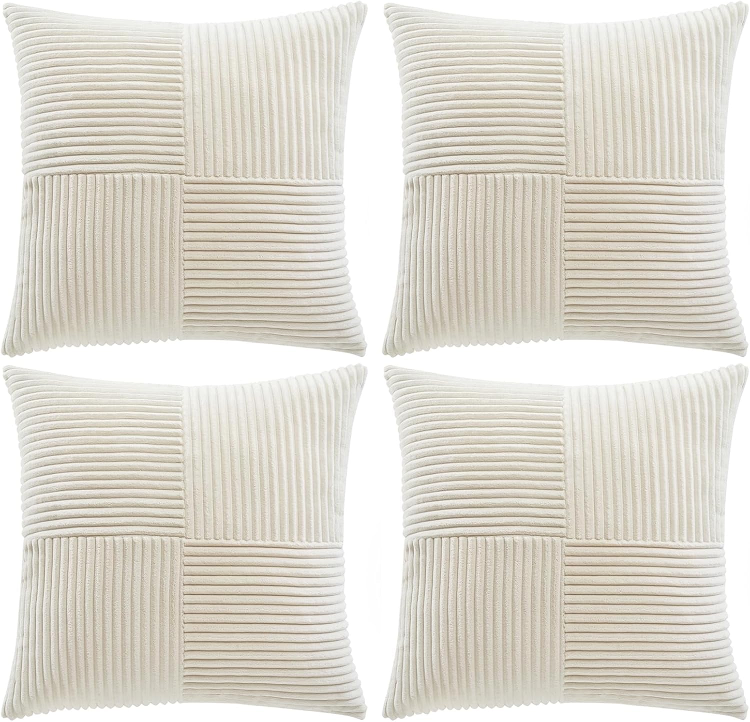 4 Packs Boho Cream Decorative Throw Pillow Covers 18X18 Inch for Living Room Couch Bed Sofa, Rustic Farmhouse Home Decor, Soft Cross Corduroy Patchwork Textured Square Cushion Case 45X45 Cm