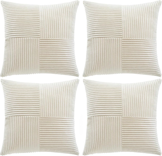 4 Packs Boho Cream Decorative Throw Pillow Covers 18X18 Inch for Living Room Couch Bed Sofa, Rustic Farmhouse Home Decor, Soft Cross Corduroy Patchwork Textured Square Cushion Case 45X45 Cm
