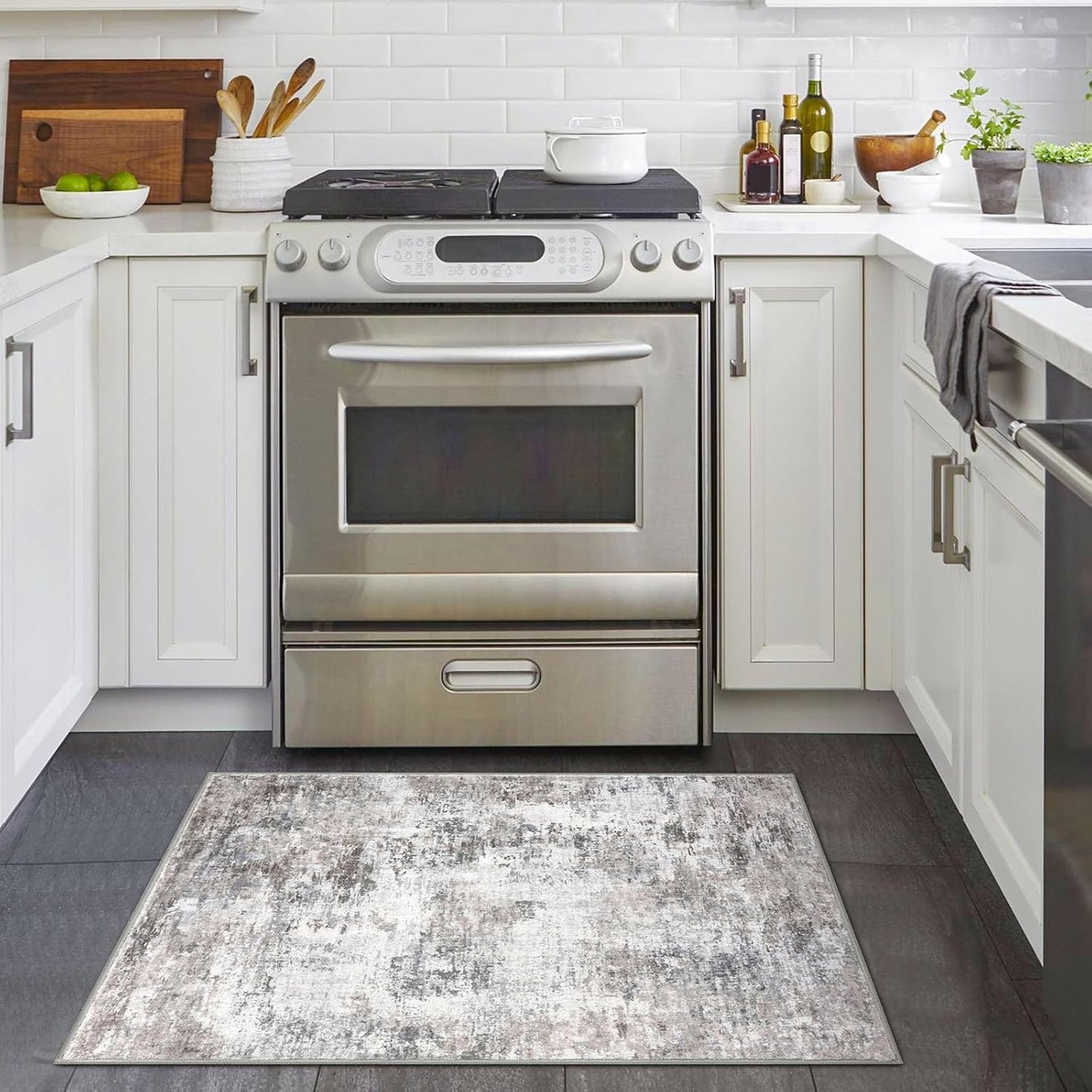 Modern Abstract Entryway Rug Indoor 2X3 Washable Non-Slip Soft Beige Grey Small Area Rug Kitchen Mat Thin Print Faux Wool Floor Carpet for Entrance Bedroom Office