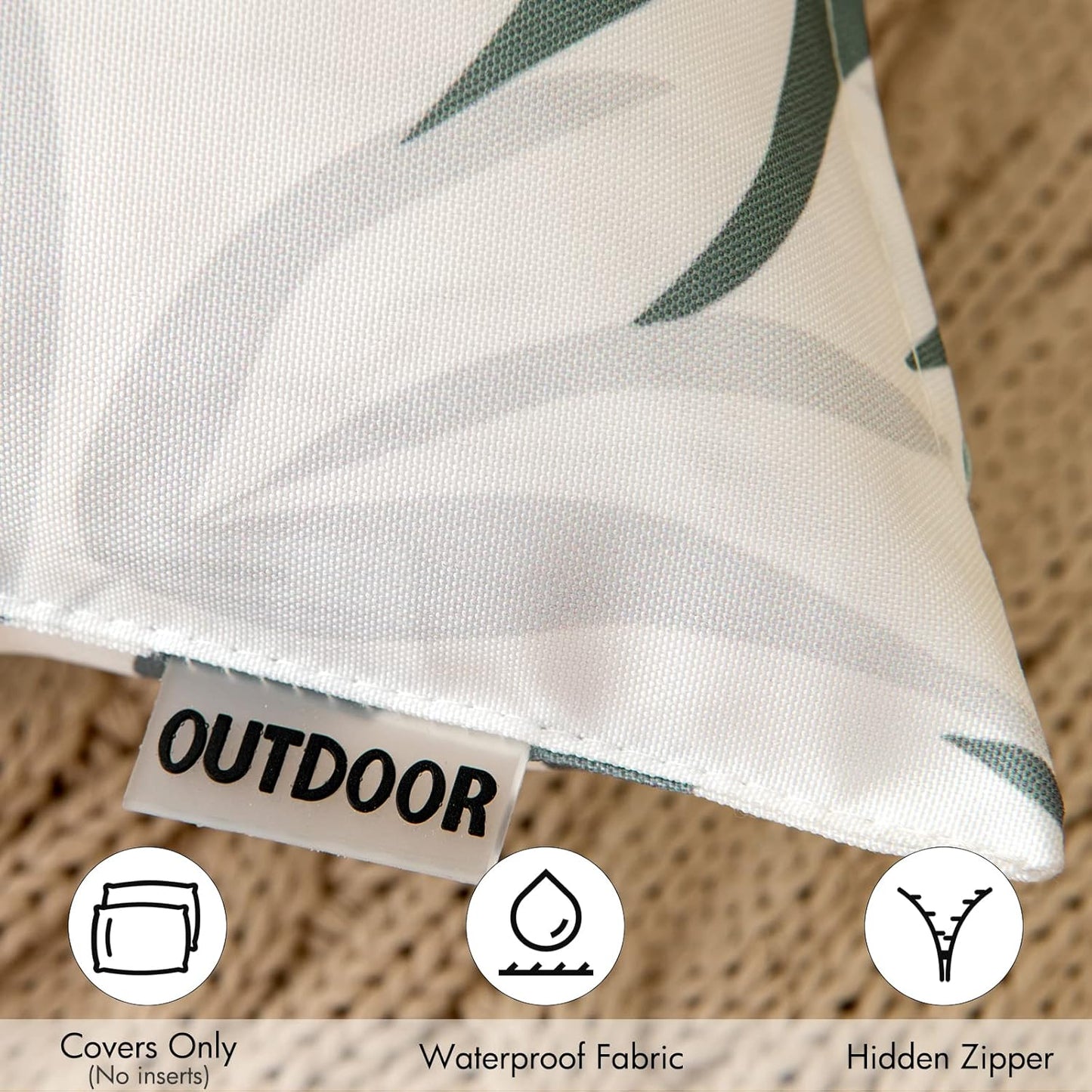 Pack of 2 Spring Outdoor Waterproof Throw Pillow Covers Decorative Patio Pillow Cases Natural Leaves Pattern Spring Square Cushion Shams Shell for Garden Balcony Couch 18X18 Inch, Greyish Green