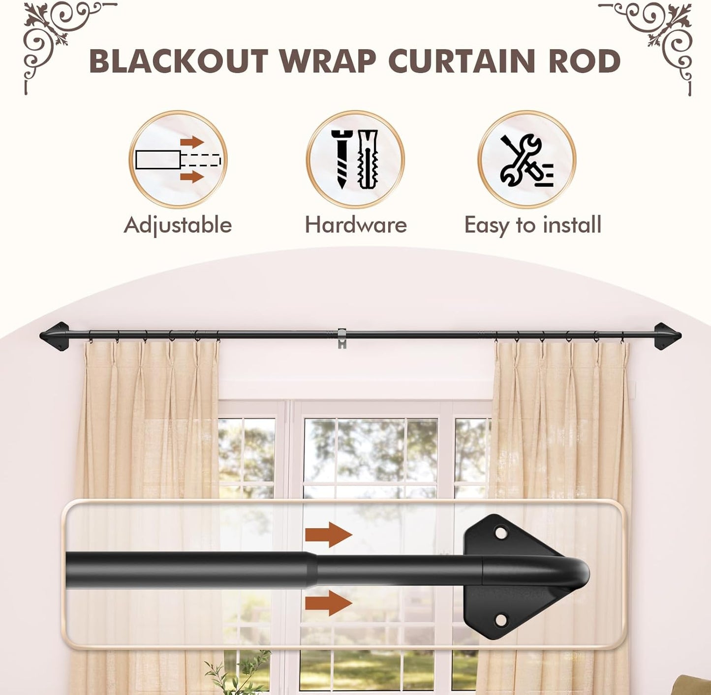 Curtain Rods, No Rust Adjustable Blackout Drapery Rods, 5/8 Inch Diameter Wrap around Curtain Pole for Windows, Ideal for Bedroom, Outdoor (28-48 Inch, Black)