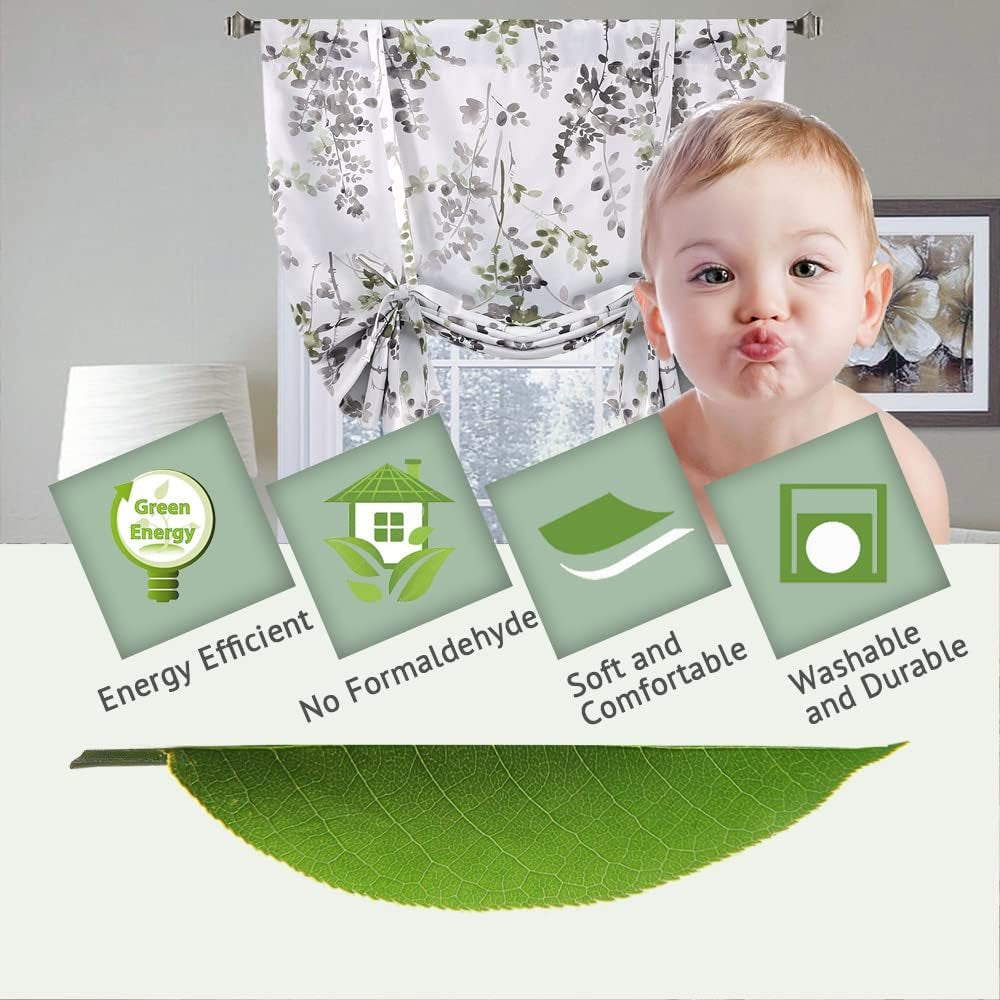 Blackout Tie up Curtain - Thermal Insulated Balloon for Small Window, Adjustable Kitchen Rod Pocket Panel (42" W X 45" L, Floral Pattern in Grey and Sage)