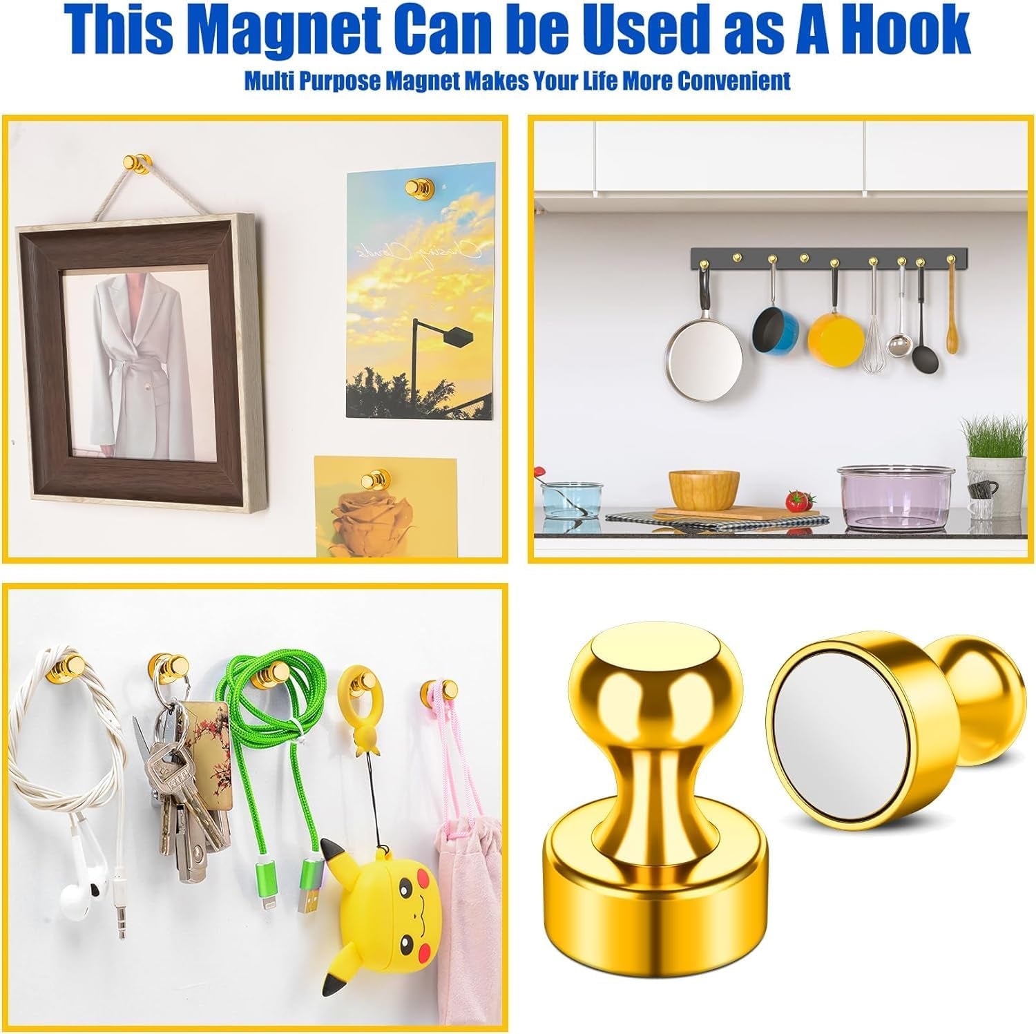 8 Pack Magnetic Push Pins, Gold Fridge Magnets for Whiteboard, Whiteboard Magnets Refrigerator Magnets, Small and Strong Push Pin Magnet for Office, School, Locker, and Map Magnet