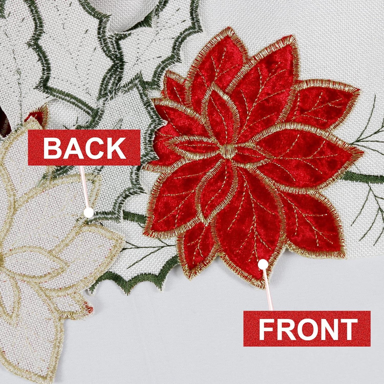 Christmas Table Runner, Embroidered Red Poinsettia Short Table Runner 36 Inches, White Textured Fabric Runner with Applique Velvet Flower for Dining Table, Holiday Table Decoration