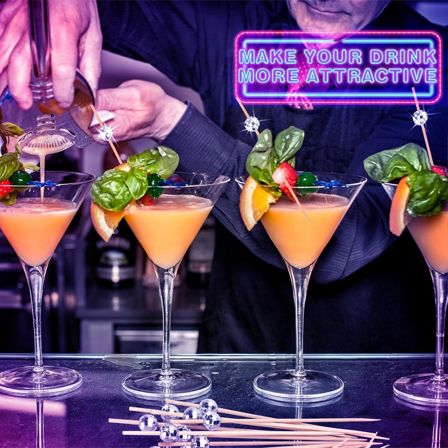 Cocktail Picks, Disco Ball Decorative Toothpicks for Appetizers, Fancy Bamboo Skewers for Appetizers Drinks Food Disco Party Decorations, 4.7 Inch Long Silver Wooden Cocktail Sticks 100PCS