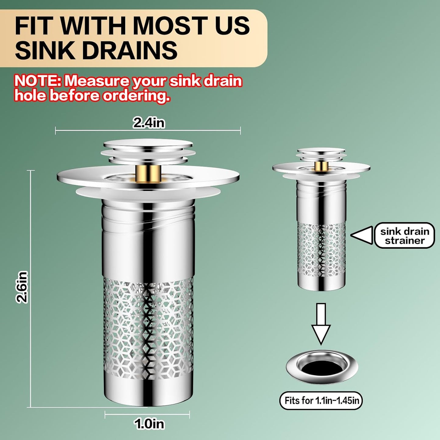 Universal Bathroom Sink Drain Strainer Set - Removable 304 Stainless Steel Filter Basket and Hair Catcher Plug for 1.1"-1.45" Drain Openings, 2 Pack
