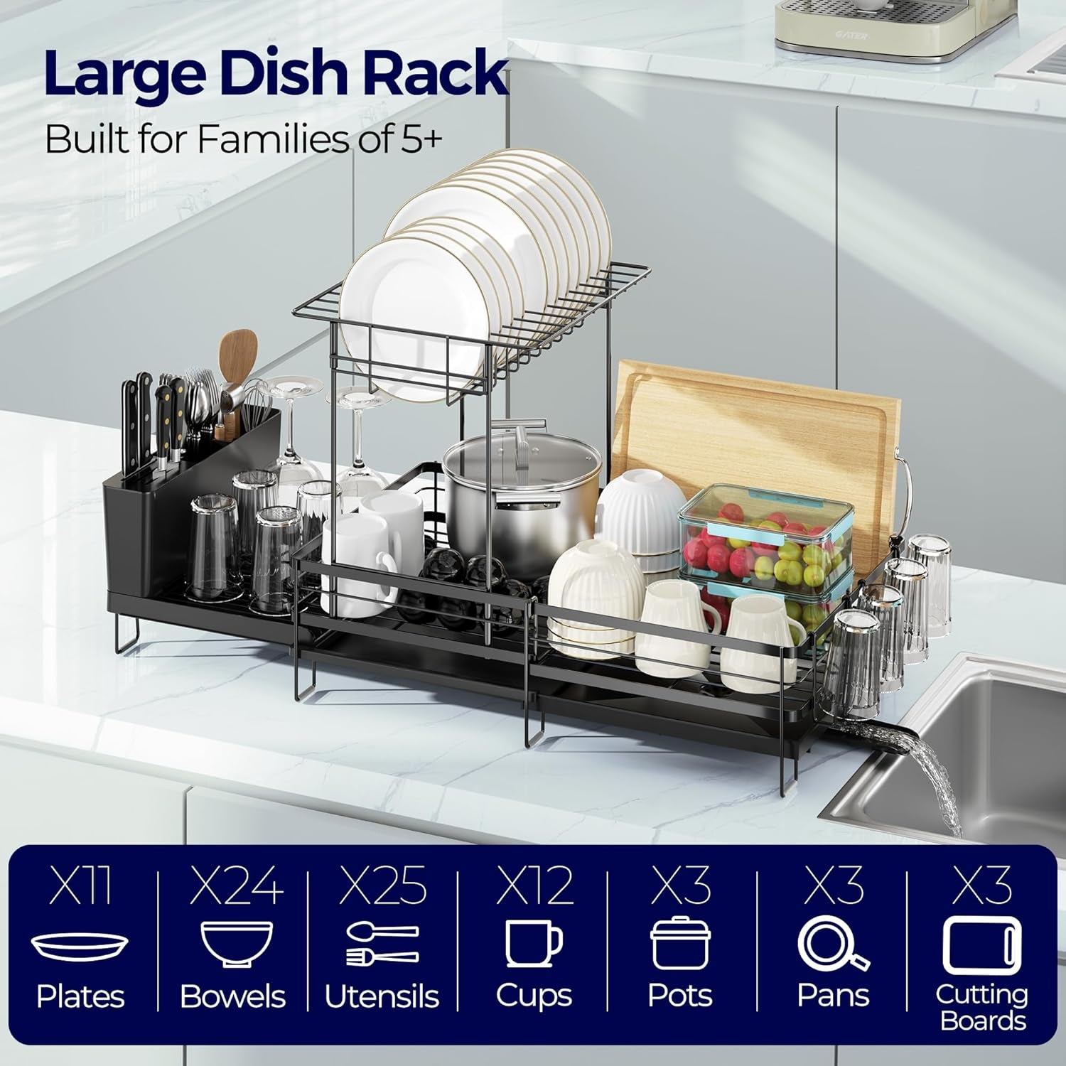 2 Tier Large Dish Drying Rack - Extendable Dish Rack for Kitchen Counter, Multifunctional Dish Drainer with Drainboard Set, Dishrack with Utensil Holder & Cup Holder, 13.4"-28.7" L X 11.8" W