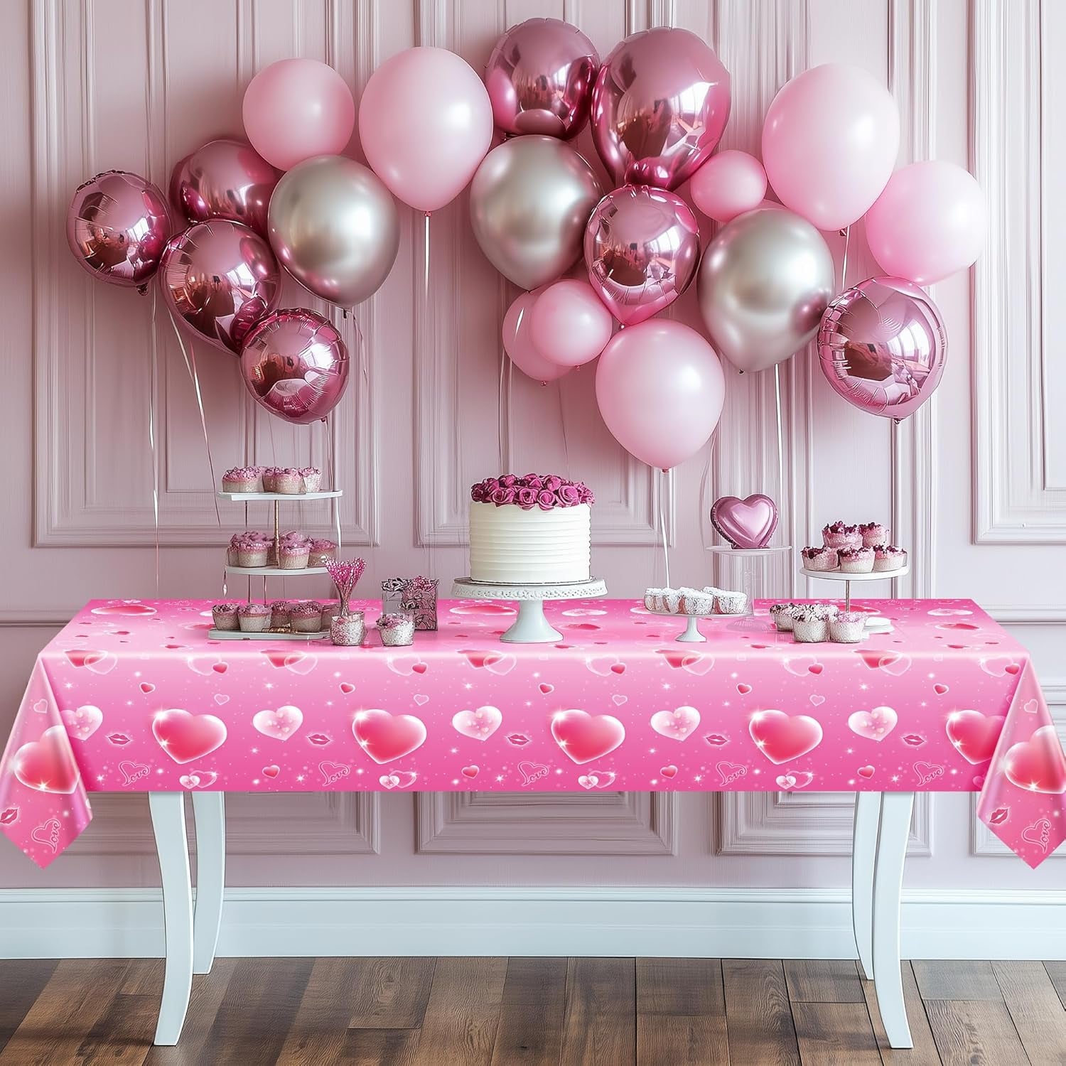 Set of 2 Pink Plastic Tablecloths, 54x108 inches with Dreamy Pink Hearts - Disposable Waterproof Decorations for Galentine's Day, Romantic Weddings, Anniversaries, and Engagements