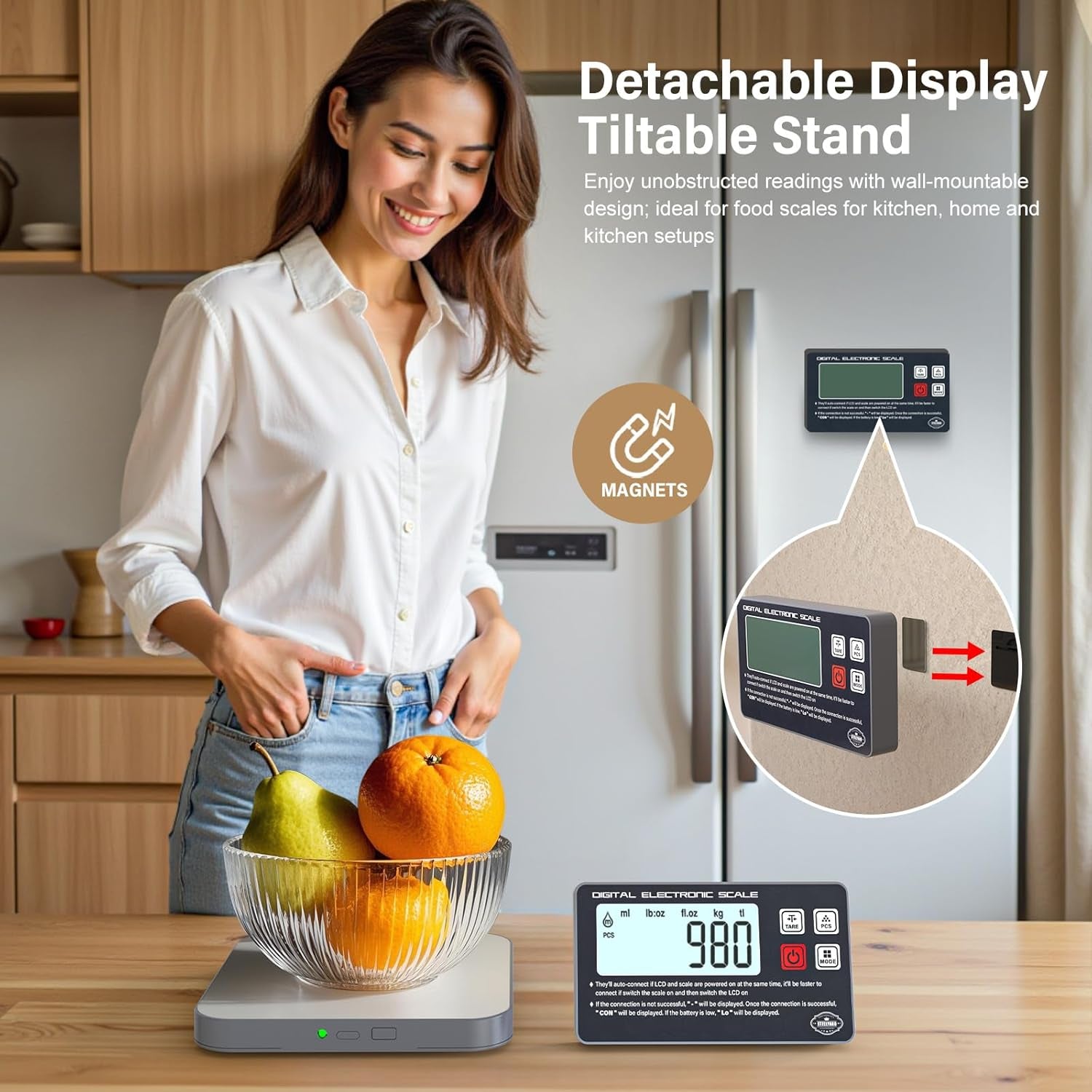 ® Digital Kitchen Food Scale -Detachable Display Electronic Weight Scale for Baking, Bread Making & Coffee Brewing, 304 Stainless Steel Platform, Backlit LCD, Count Mode, Wall-Mount & Tilt Stand
