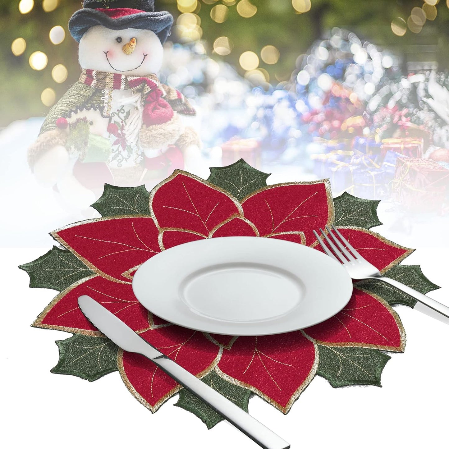 Christmas Placemats Set of 4, Red Embroidered Applique Poinsettia Table Mats,4 Pieces 15 Inch round Placemat for Xmas Holiday Home Decorations (Textured, 15 Inches)’
