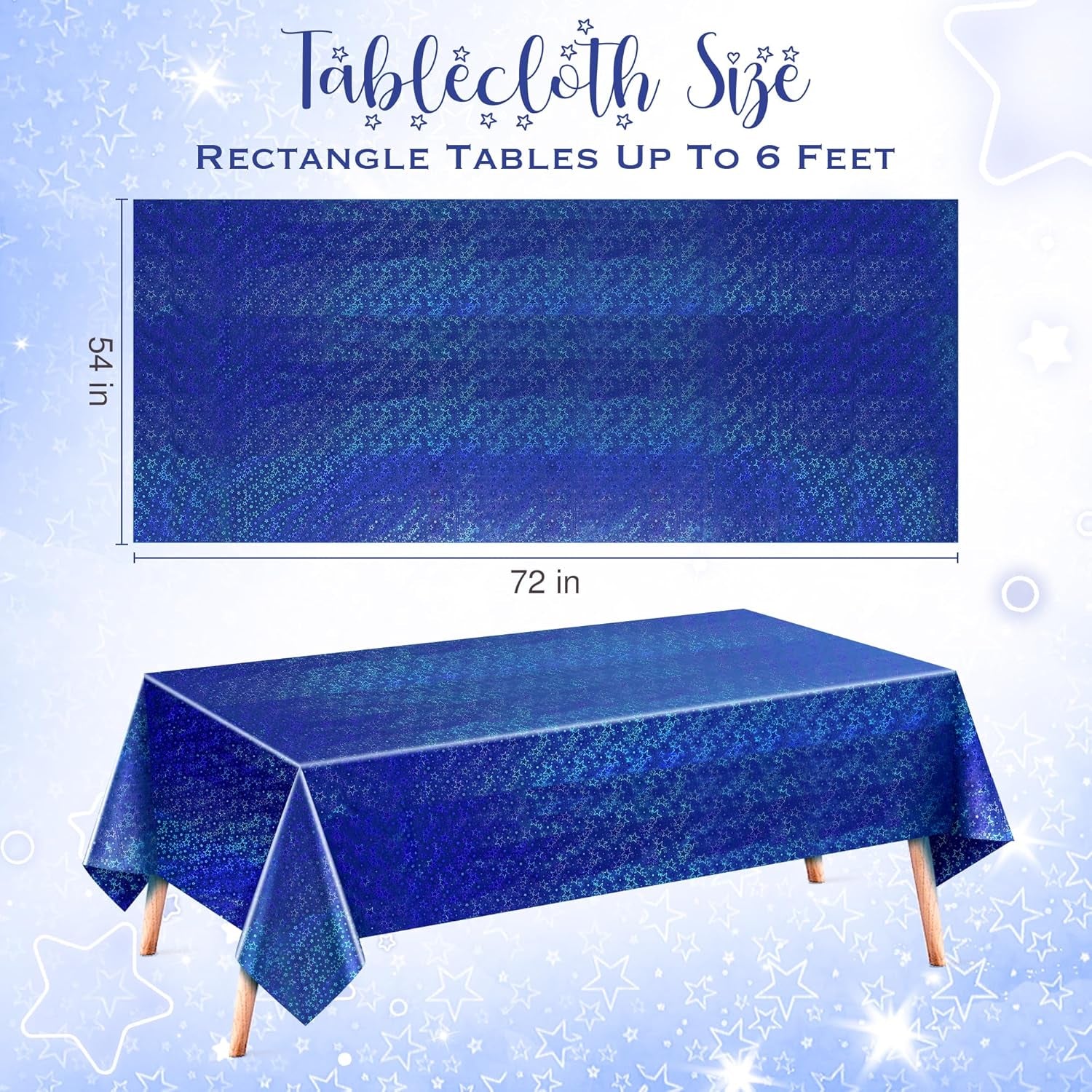 Set of 2 Royal Blue Holographic Laser Tablecloths with Sparkling Star Design, 54 x 72 Disposable Shiny Table Covers for Birthday Parties, Weddings, Anniversaries, and Bachelorette Celebrations