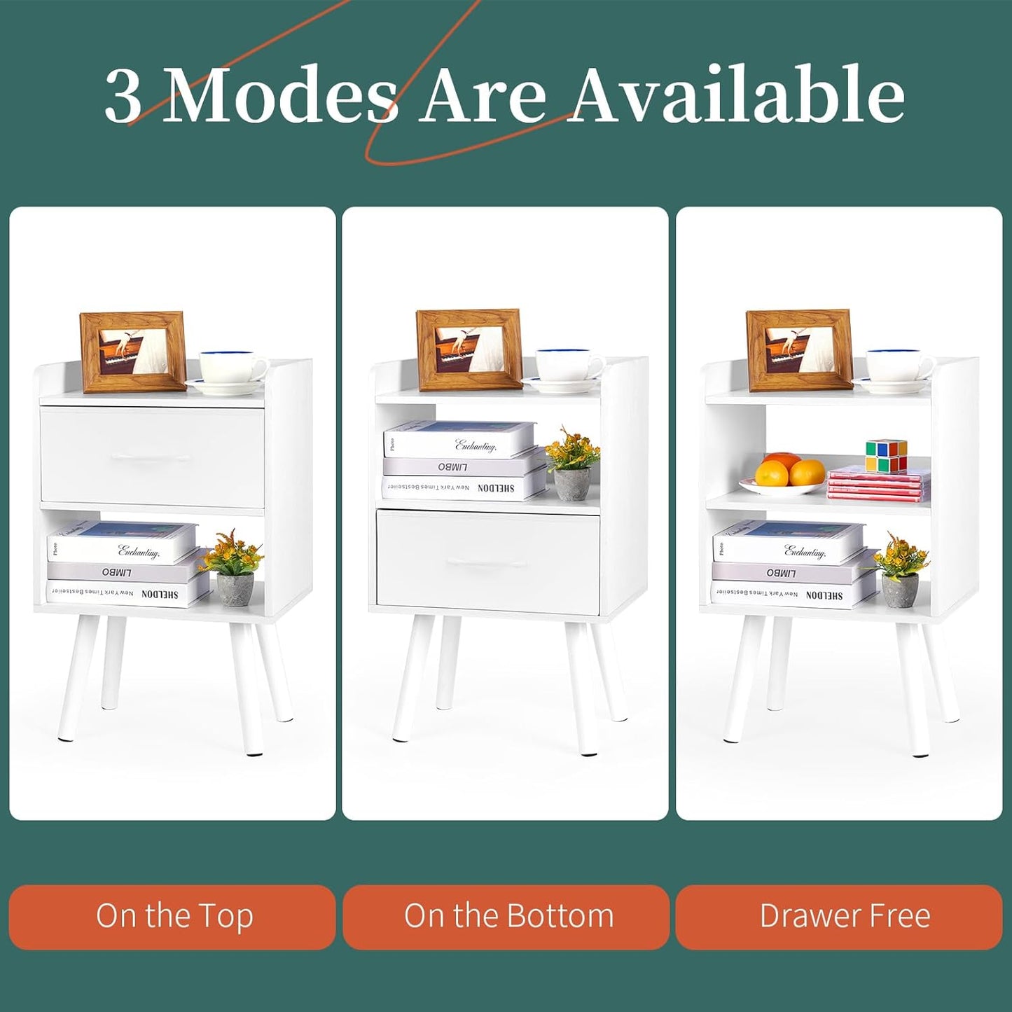 Modern Nightstand with Drawer, Bedside Tables, Mid Century Nightstands with Open Storage Shelf, Wood Bedside Table, Small Night Stands for Bedrooms, 2-Tier Night Table