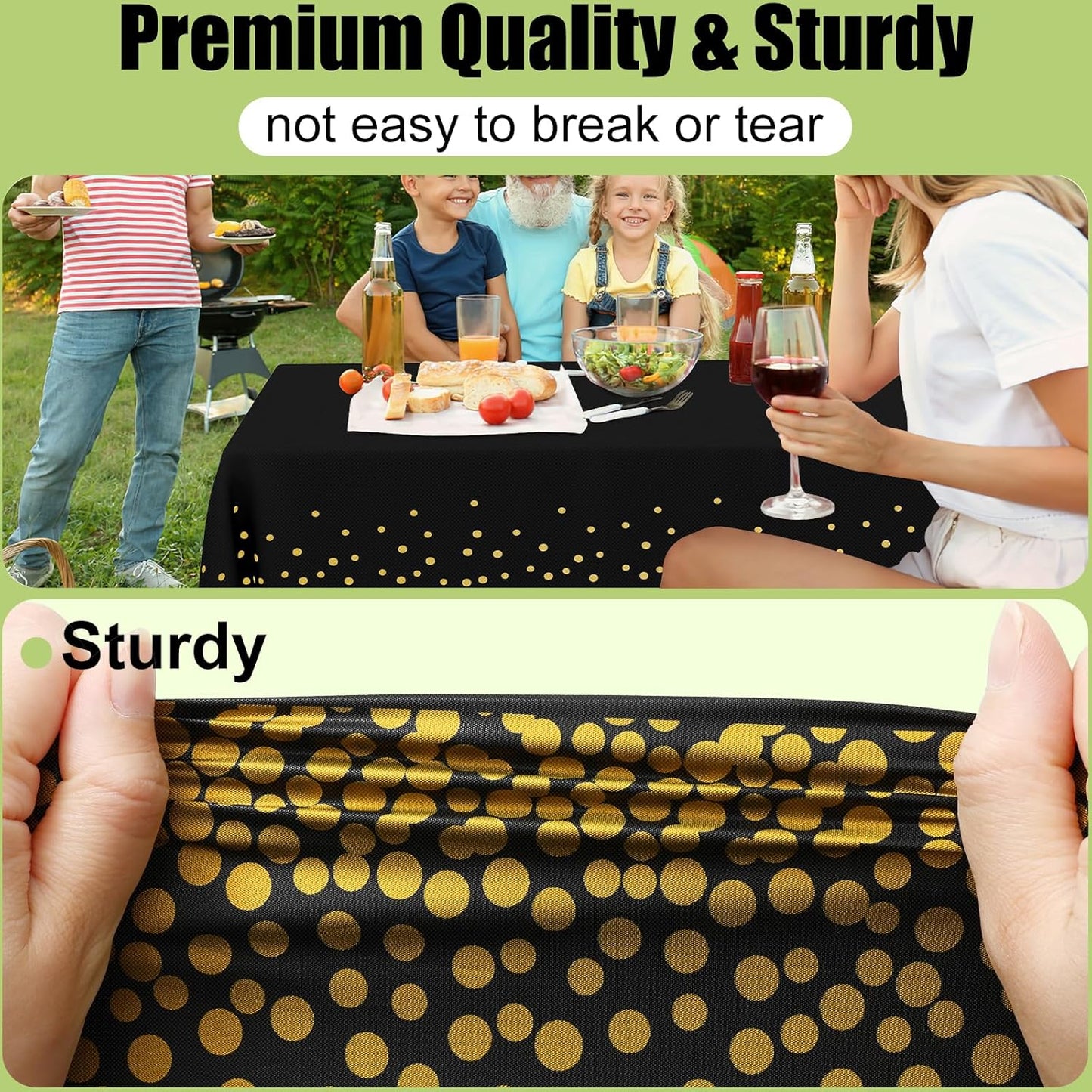 Premium Disposable Tablecloths - 6 Pack, 54 x 108 Inch Waterproof Rectangular Covers for Events, Elegant Plastic Table Covers, Leakproof & Durable, Black & Gold