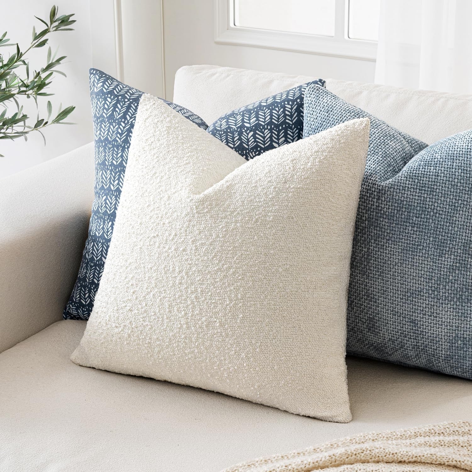 18X18 Inch Decorative Pillow Covers for Couch Bed Set of 2 Textured Boucle Neutral Throw Pillows Christmas White Accent Solid Cushion Pillowcase Cozy Soft Sofa Livingroom Home Decor