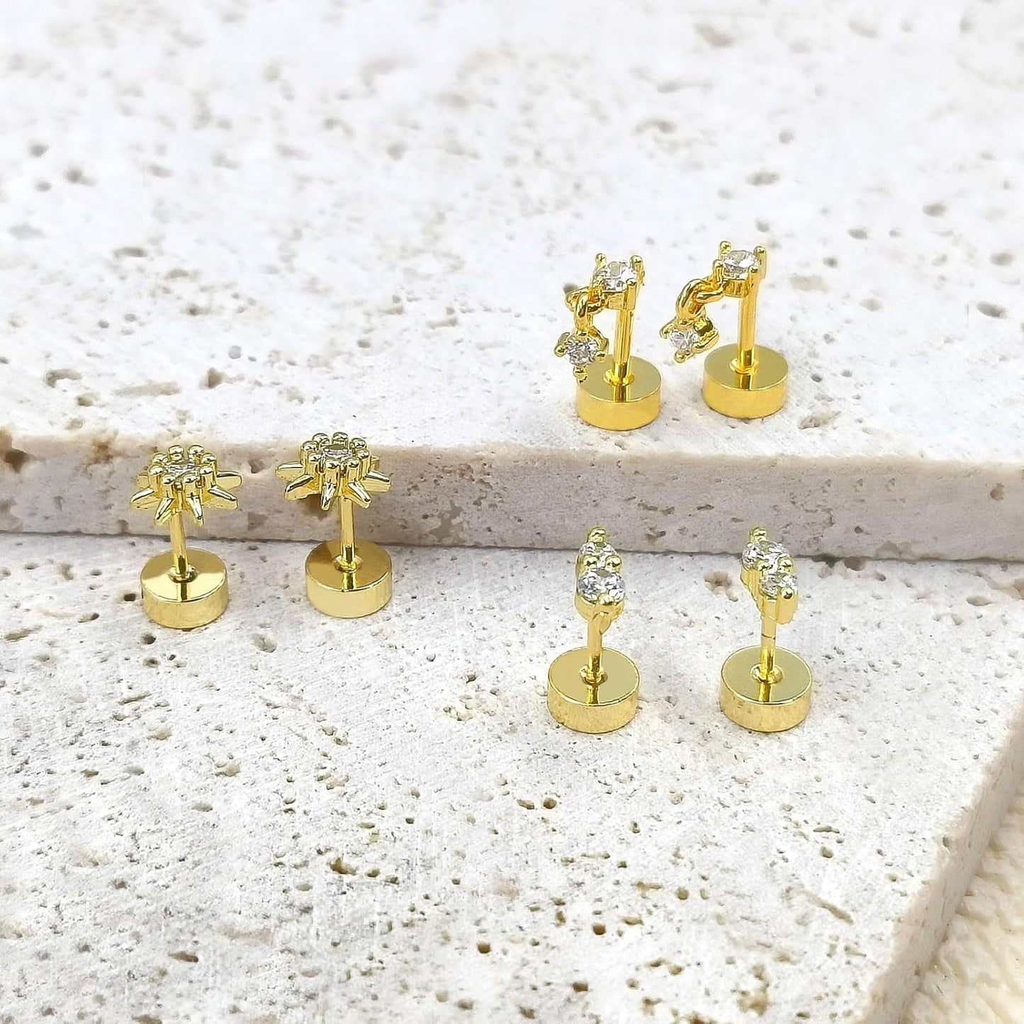 Mother'S Day Flat Back Stud Earrings for Women, 14K Gold Plated Screw Back Earrings, Two Tiny CZ Stud Flat Back Earrings, Hypoallergenic Stud Earrings for Helix Cartilage Piercing Jewelry (Style 1)