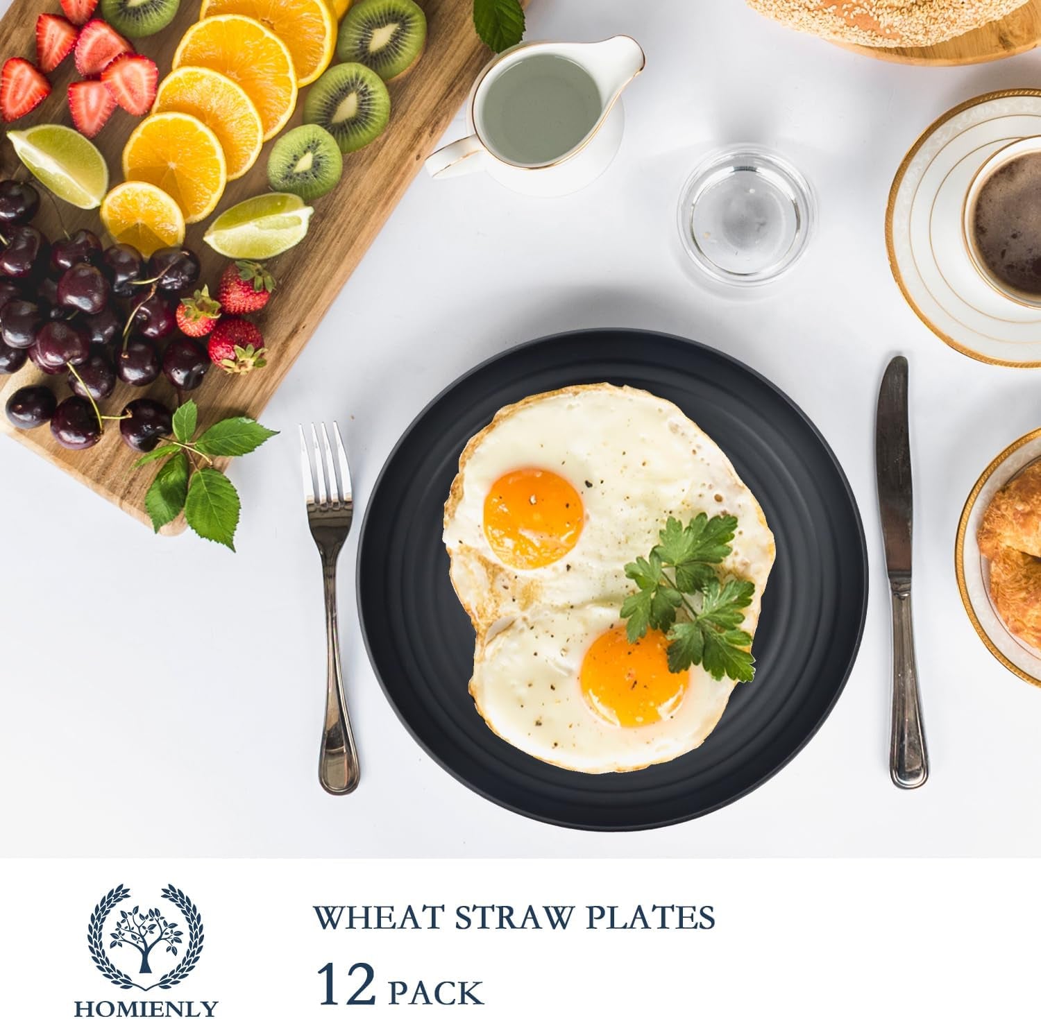 Set of 12 Deep Dinner Plates - Eco-Friendly Wheat Straw, Microwave & Dishwasher Safe, Unbreakable Design for Children (Black, 10 Inch)