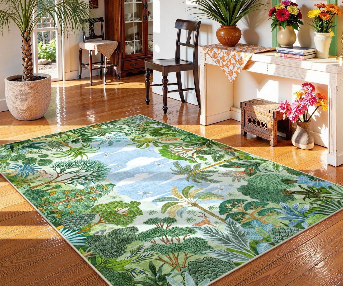 Summer Jungle Rug, Washable Rugs 5X7 for Bedroom, Green Forest Soft Carpet for Living Room, Summer Season Non Slip Non Shedding Dining Room Carpet for under Table Classroom Entryway