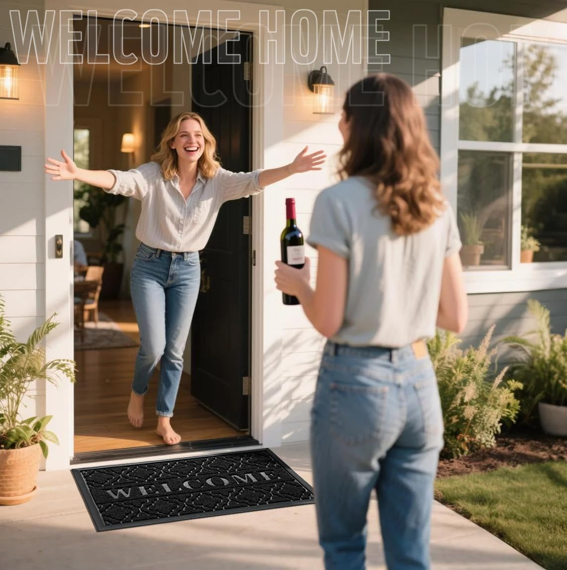 Welcome Mat Outdoor Indoor 29.5X17, All-Weather Waterproof Front Door Mat outside Entrance, Non-Slip Low Profile Porch Patio Doormat, Black