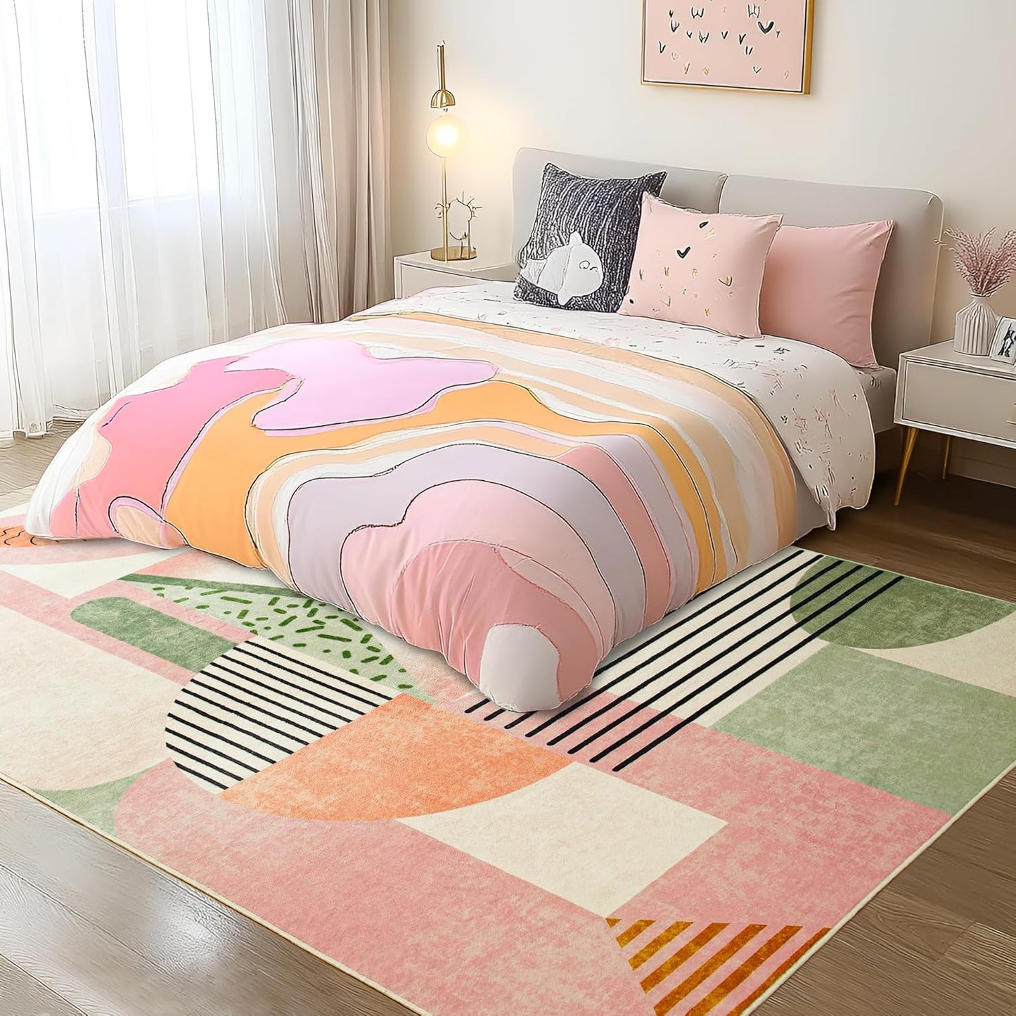Pink Area Rug for Living Room, 5X7 Indoor Carpet for Bedroom Washable, Non-Slip Abstract Print Kids Rug for Nursery Playroom Classroom Dorm Office Dining Room