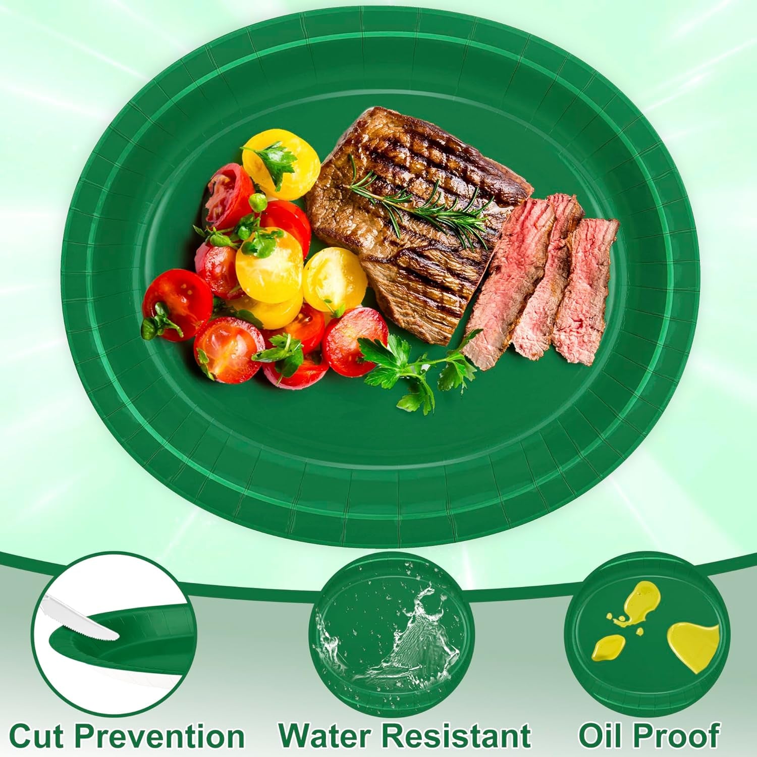 50 Count Large Green Oval Paper Plates, 12.2'' X 10.2'' for Daily Dinner, Outdoor Picnic, Birthday Party, Barbecue, Holiday - Disposable Bulk Party Supplies