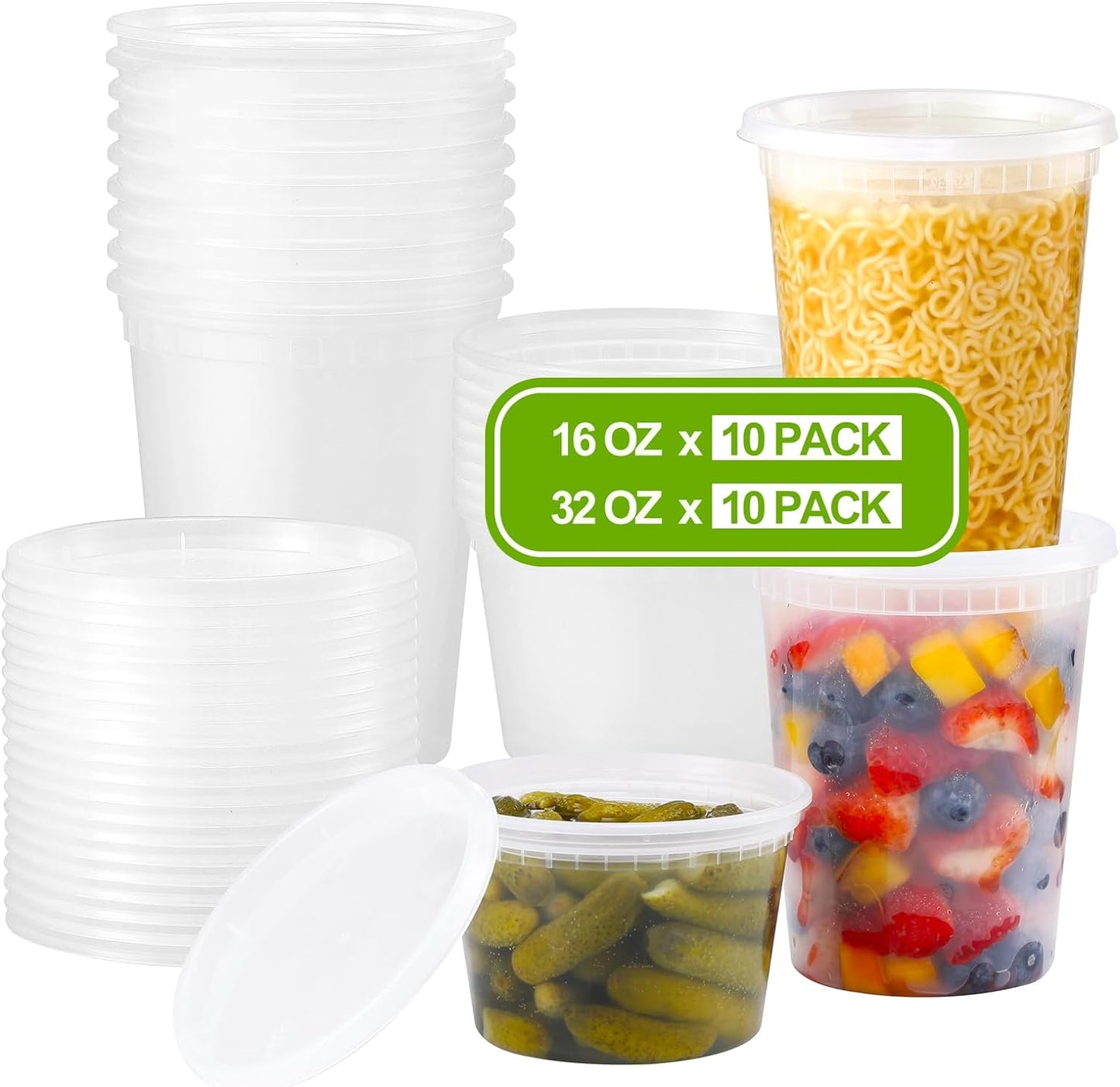 20 Sets Plastic Deli Food Containers with Lids 16Oz, 32Oz Variety Pack, Airtight Food Storage Containers, Freezer/Dishwasher/Microwave Safe, Soup Containers for Takeout Meal Prep Storage