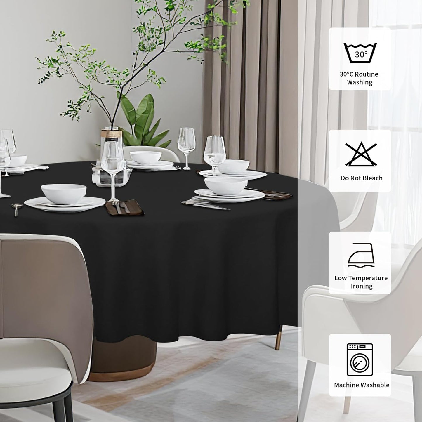 Faux Linen Waterproof Spill-Proof Tablecloth Stain Resistant round Table Cloth Wrinkle Free Decorative Fabric for Kitchen, Dining, Party, Weddings, Restaurants (70 In-Round, Black)