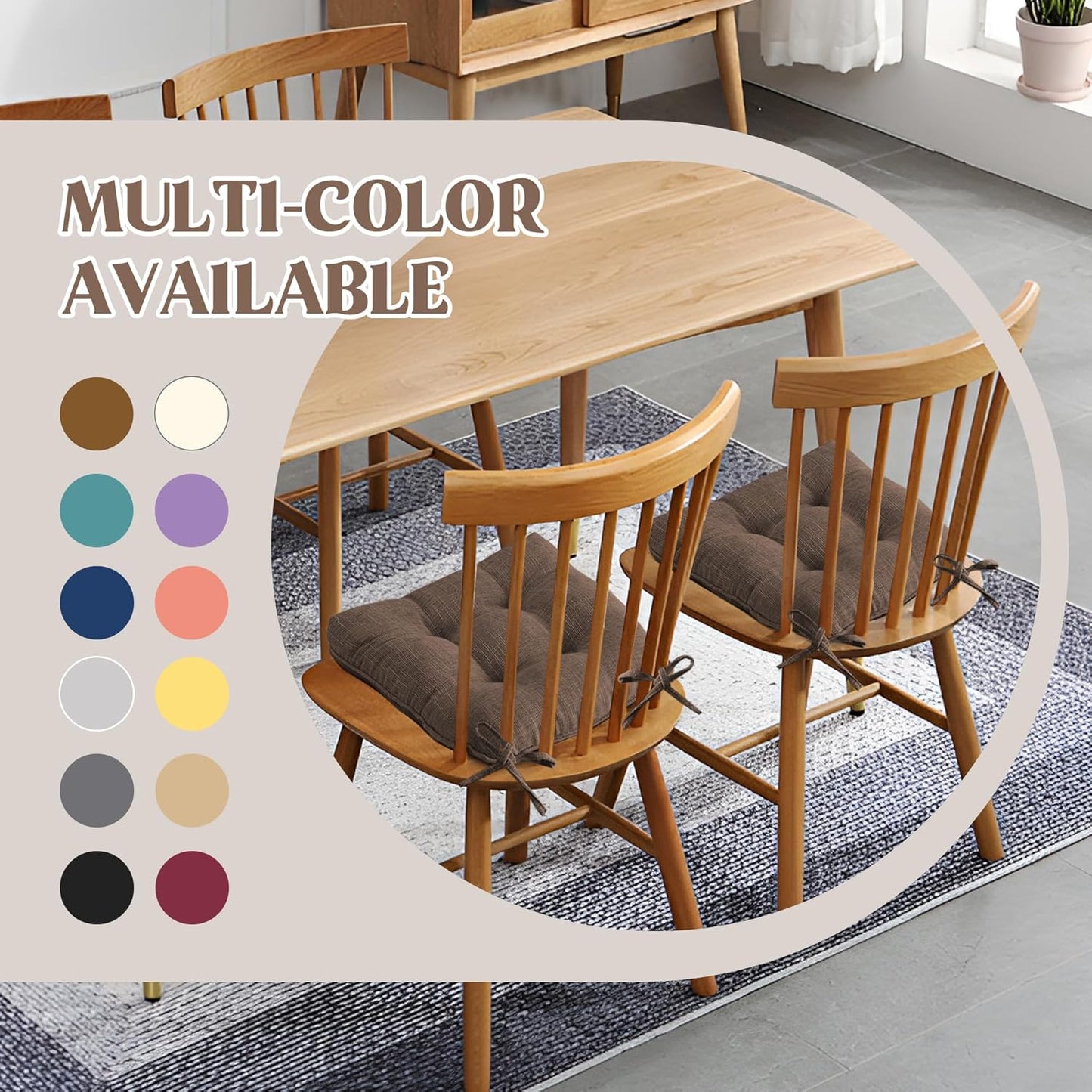 ® Chair Cushions for Dining Chairs, Tufted Memory Foam Chair Pads with Non-Slip Backing, Kitchen Seat Cushions with Ties, Washable Seat Pad Set of 4, 15.5" X 15.5" X 4", Coffee