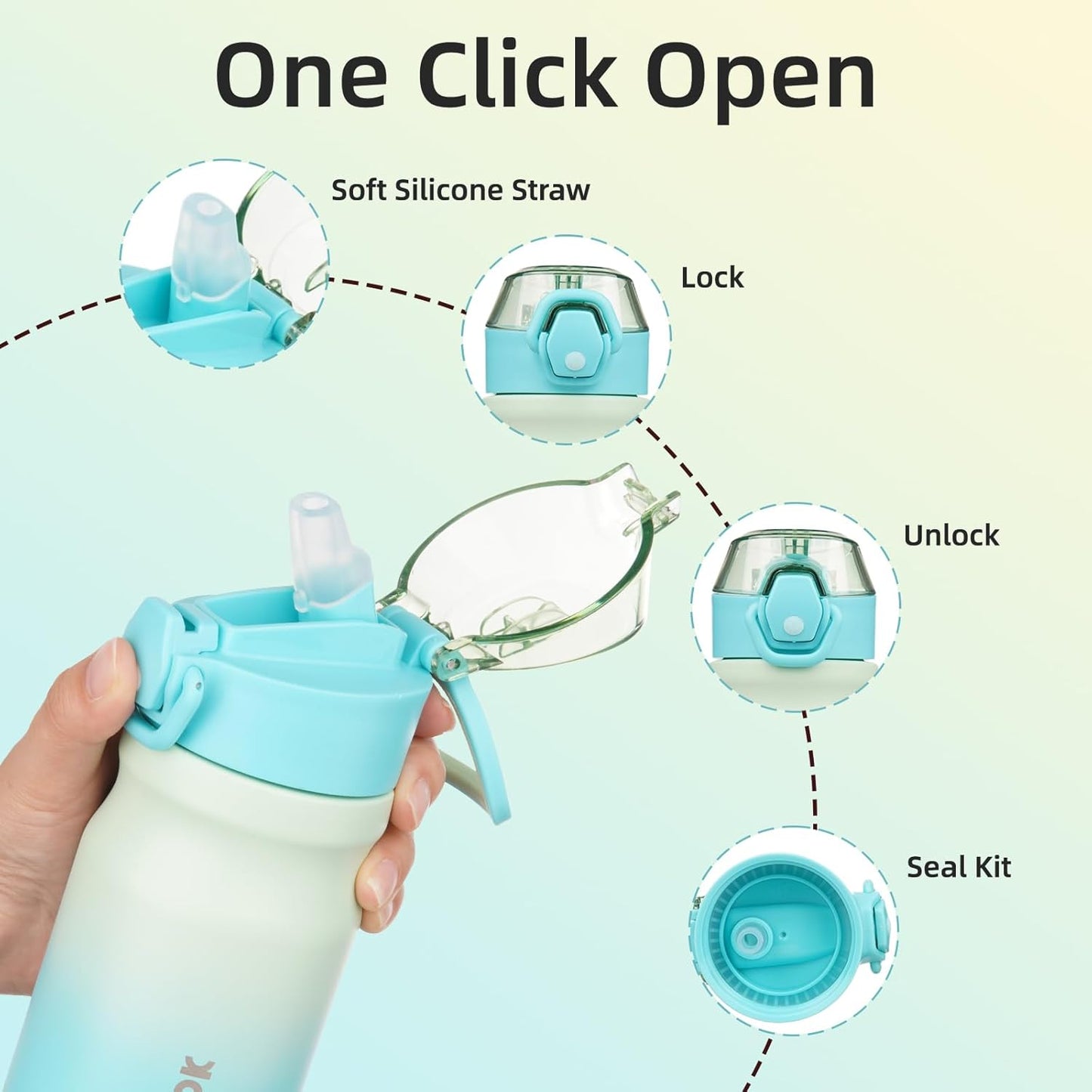 Water Bottle with Straw 14Oz Insulated Water Bottles Reusable Stainless Steel Metal Thermo with Leak Proof Lockable Lid and Carry Handle,Mint