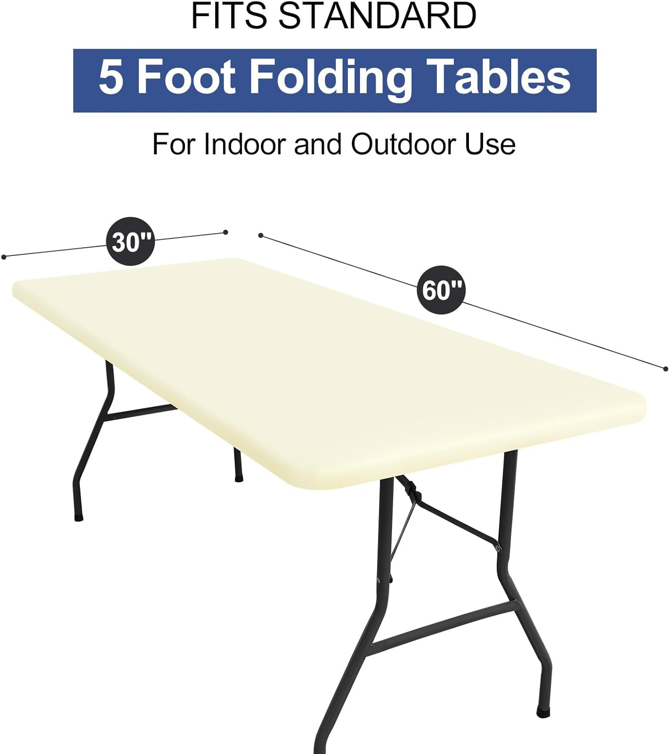 2 Pack Rectangle Table Cloth, Elastic Fitted Fabric Tablecloth Fits for 5 Foot Folding Tables, Washable Table Cover for Picnic, Camping, Indoor & Outdoor (Cream Yellow, 30" X 60")