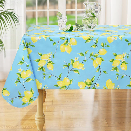 Rectangle Waterproof Vinyl Table Cloth, Wipeable Tablecloth with Flannel Backing, Plastic Table Cover for Dinner, Picnic, Indoor and Outdoor (Lemon, 60" X 84")