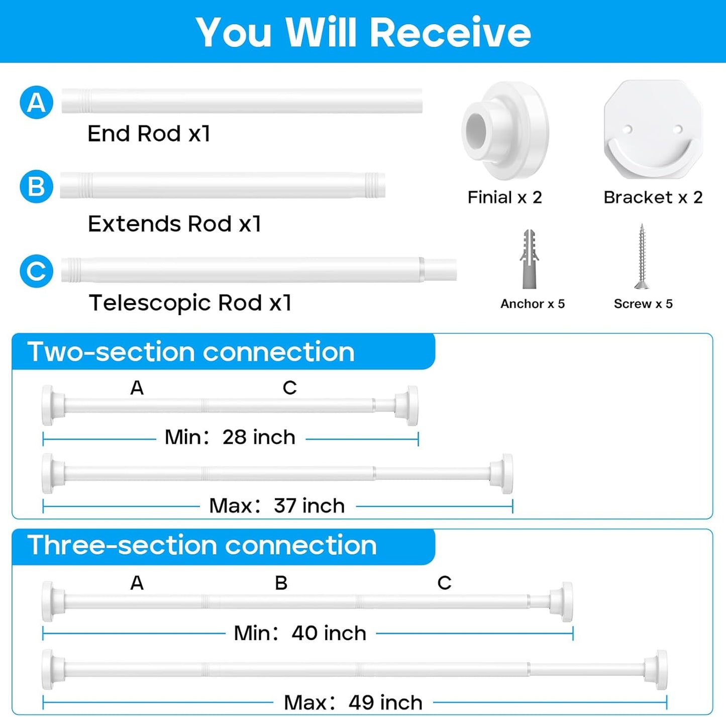 Closet Rod 28 to 48 Inch Closet Rods for Hanging Clothes Adjustable Closet Rod 1 Inch Diameter Heavy Duty Closet Hanging White Tension Rods for Closet Laundry RV, Bathroom, Window, Curtains