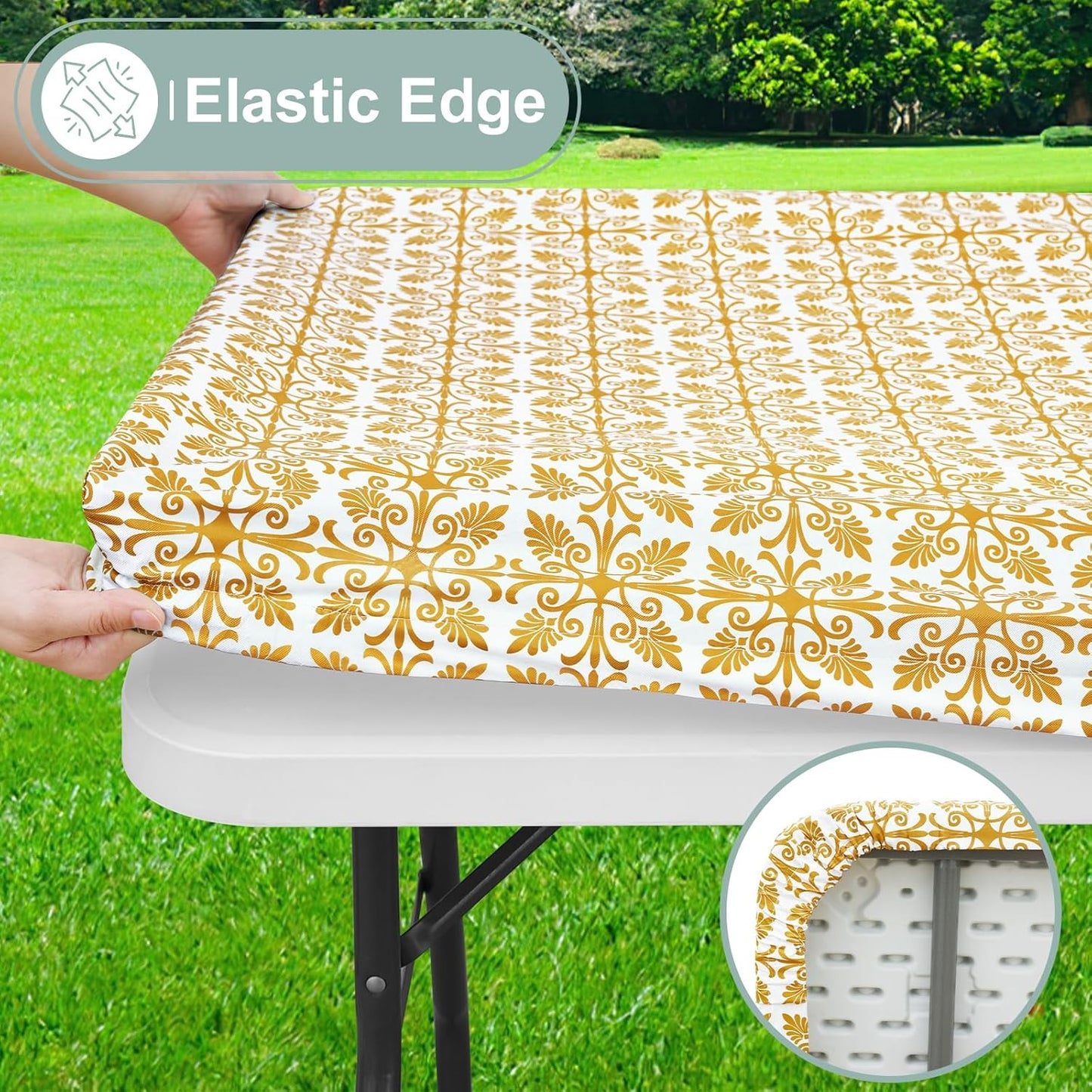 Rectangle Vinyl Table Cloth, Elastic Fitted Flannel Backed Tablecloth, 100% Waterproof Plastic Table Cover Fits 6 Foot Folding Tables for Picnic, Camping, Outdoor (Gold, 30" X 72")