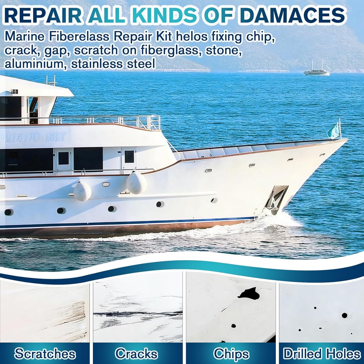 Fiberglass Boat Repair Kit - Gel Coat Repair Kit for Boats Fiberglass Repair Set Fix Holes Chips Pit Cracks for Boat Painting Supplies
