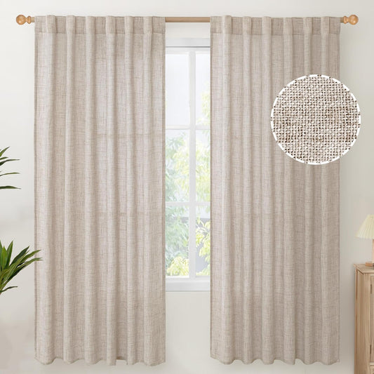 Linen Semi Sheer Curtains 72 Inch Length 2 Panels for Living Room - Light Filtering Drapes with Rod Pocket Back Tab Rustic Beige Window Treatments for Dining Bedroom, 52 X 72 Inch