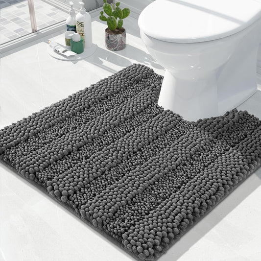 Toilet Rugs U Shaped Washable 24 X 24, Non Slip and Super Absorbent Toilet Mat, Quick Dry, Ultra Luxury Microfiber Chenille Plush Fluffy Contour Bath Rugs for Toilet Base, Dark Grey