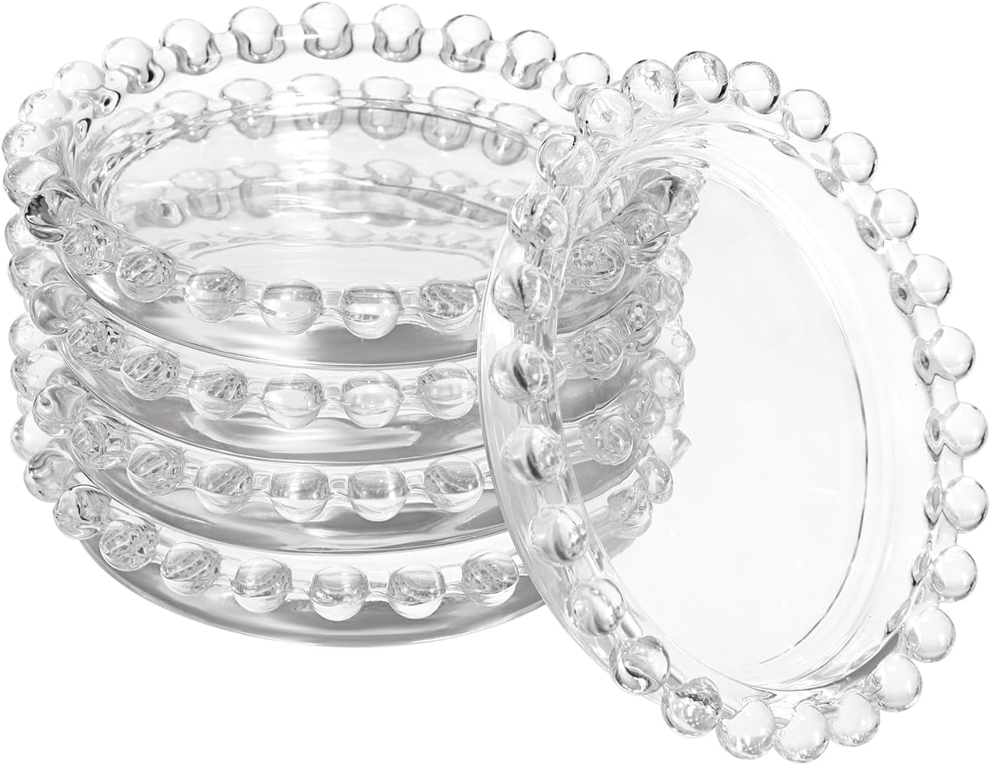 Modern Clear Glass Coaster Set - 5-Piece Round Coasters with Beaded Edge for Drinks, Ideal for Coffee Table Decor in Office, Kitchen, Bar, Dining Room, Living Room, and Patio (Clear)